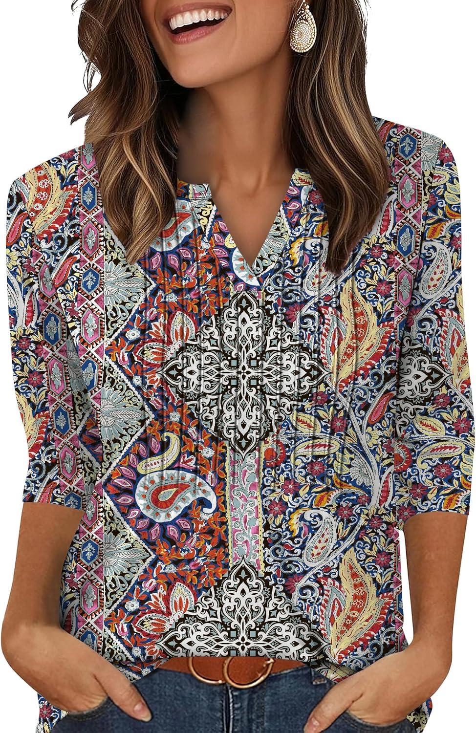 imageXIEERDUO Womens 34 Sleeve Tops 2025 VNeck Casual Pleated Shirts Blouses Beach Vacation Fall Fashion Clothes OutfitsFcolorful Paisley