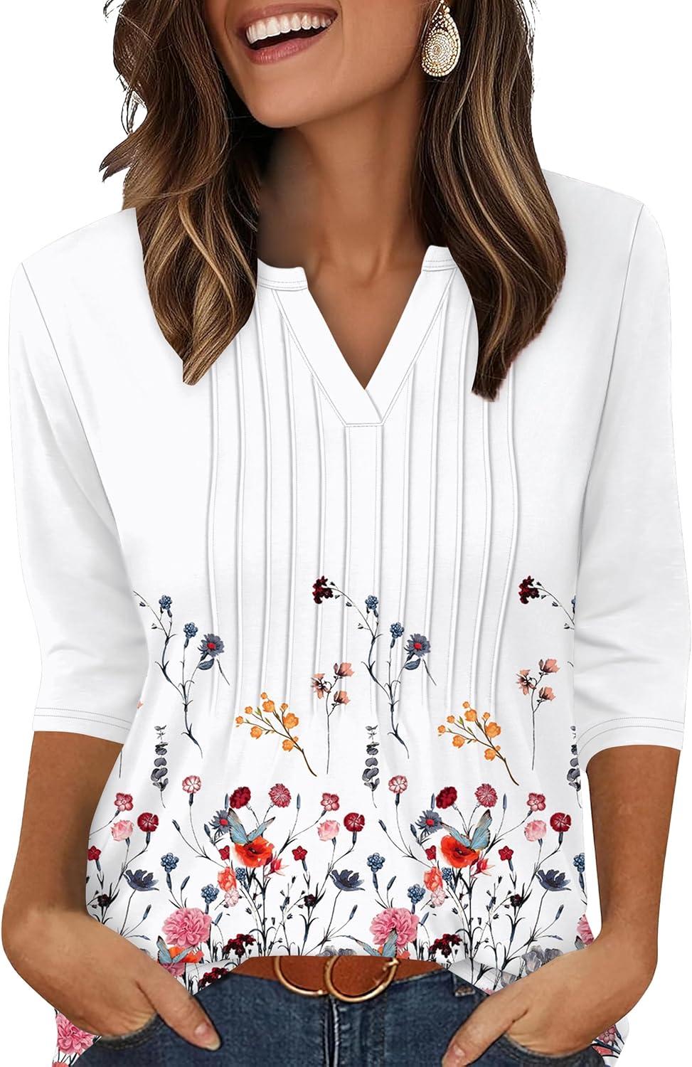 imageXIEERDUO Womens 34 Sleeve Tops 2025 VNeck Casual Pleated Shirts Blouses Beach Vacation Fall Fashion Clothes OutfitsFdandelion