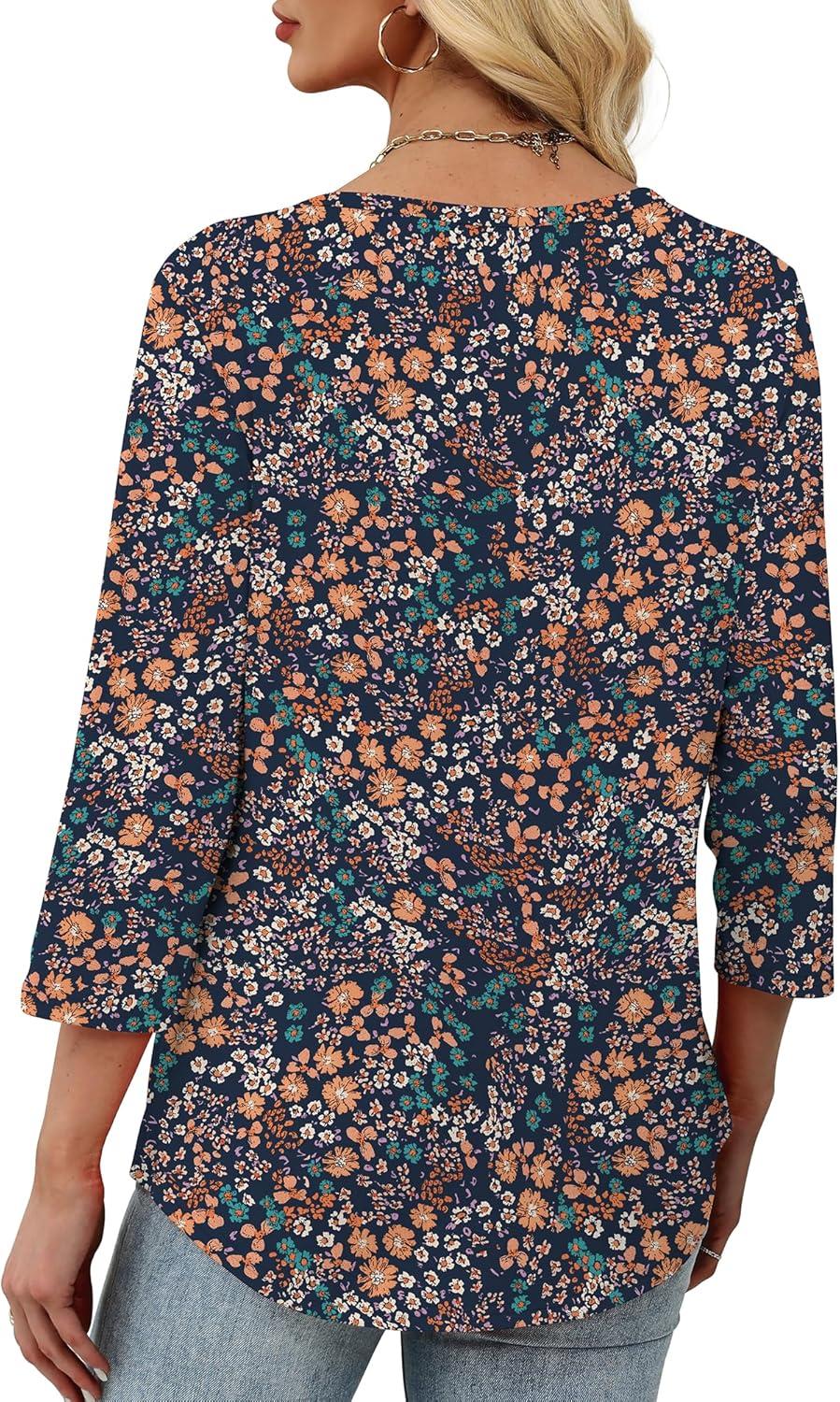 imageXIEERDUO Womens 34 Sleeve Tops 2025 VNeck Casual Pleated Shirts Blouses Beach Vacation Fall Fashion Clothes OutfitsFdark Blue Floral