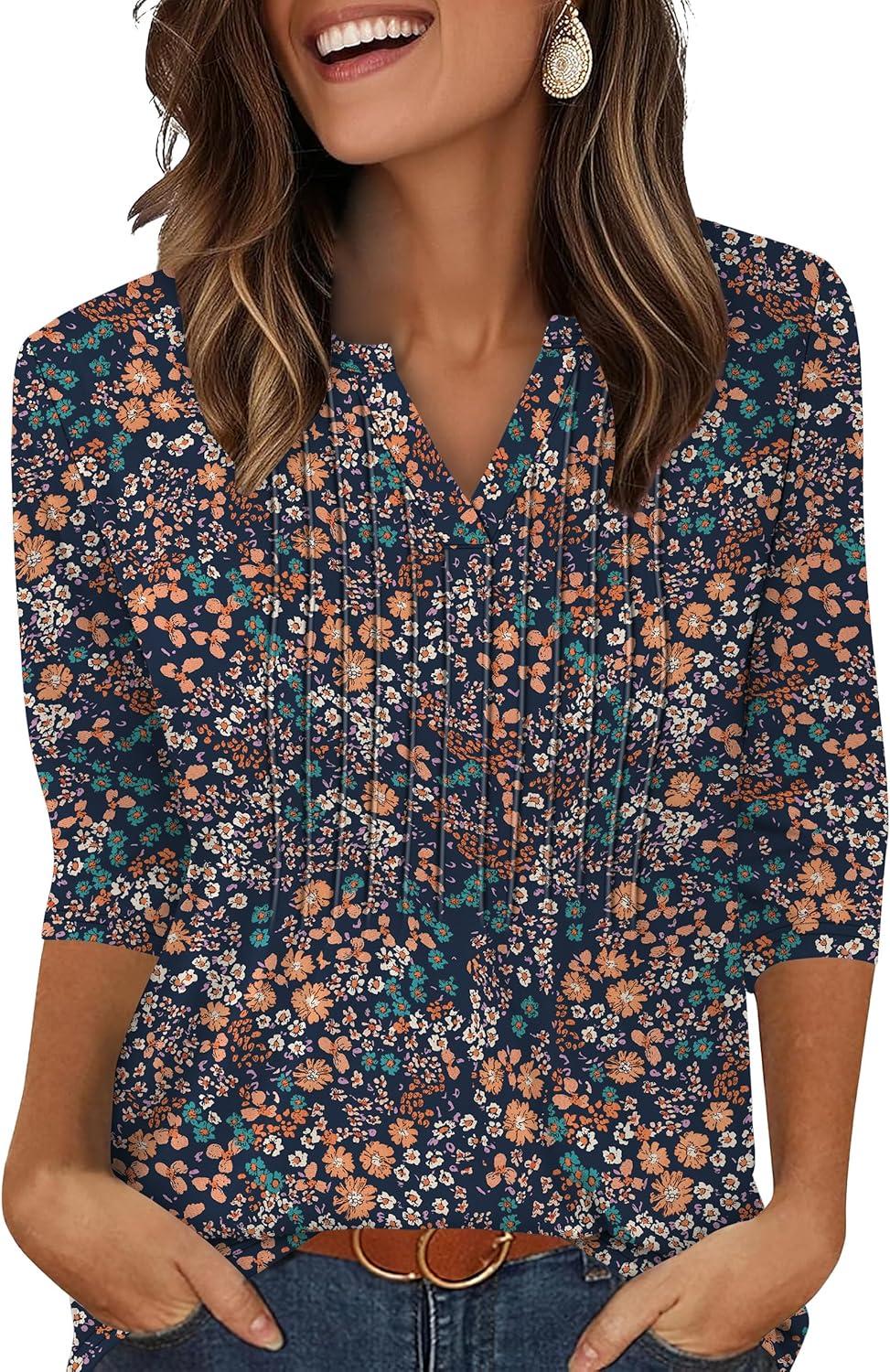 imageXIEERDUO Womens 34 Sleeve Tops 2025 VNeck Casual Pleated Shirts Blouses Beach Vacation Fall Fashion Clothes OutfitsFdark Blue Floral