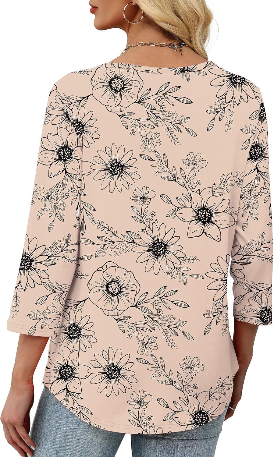 imageXIEERDUO Womens 34 Sleeve Tops 2025 VNeck Casual Pleated Shirts Blouses Beach Vacation Fall Fashion Clothes OutfitsFkhaki Ink Floral