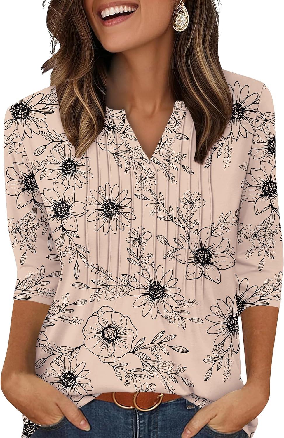 imageXIEERDUO Womens 34 Sleeve Tops 2025 VNeck Casual Pleated Shirts Blouses Beach Vacation Fall Fashion Clothes OutfitsFkhaki Ink Floral