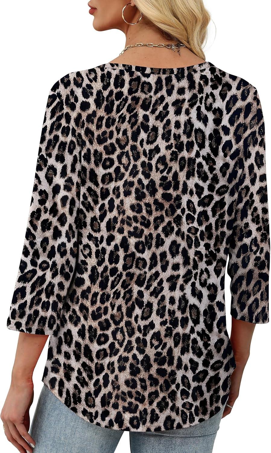 imageXIEERDUO Womens 34 Sleeve Tops 2025 VNeck Casual Pleated Shirts Blouses Beach Vacation Fall Fashion Clothes OutfitsFleopard Print