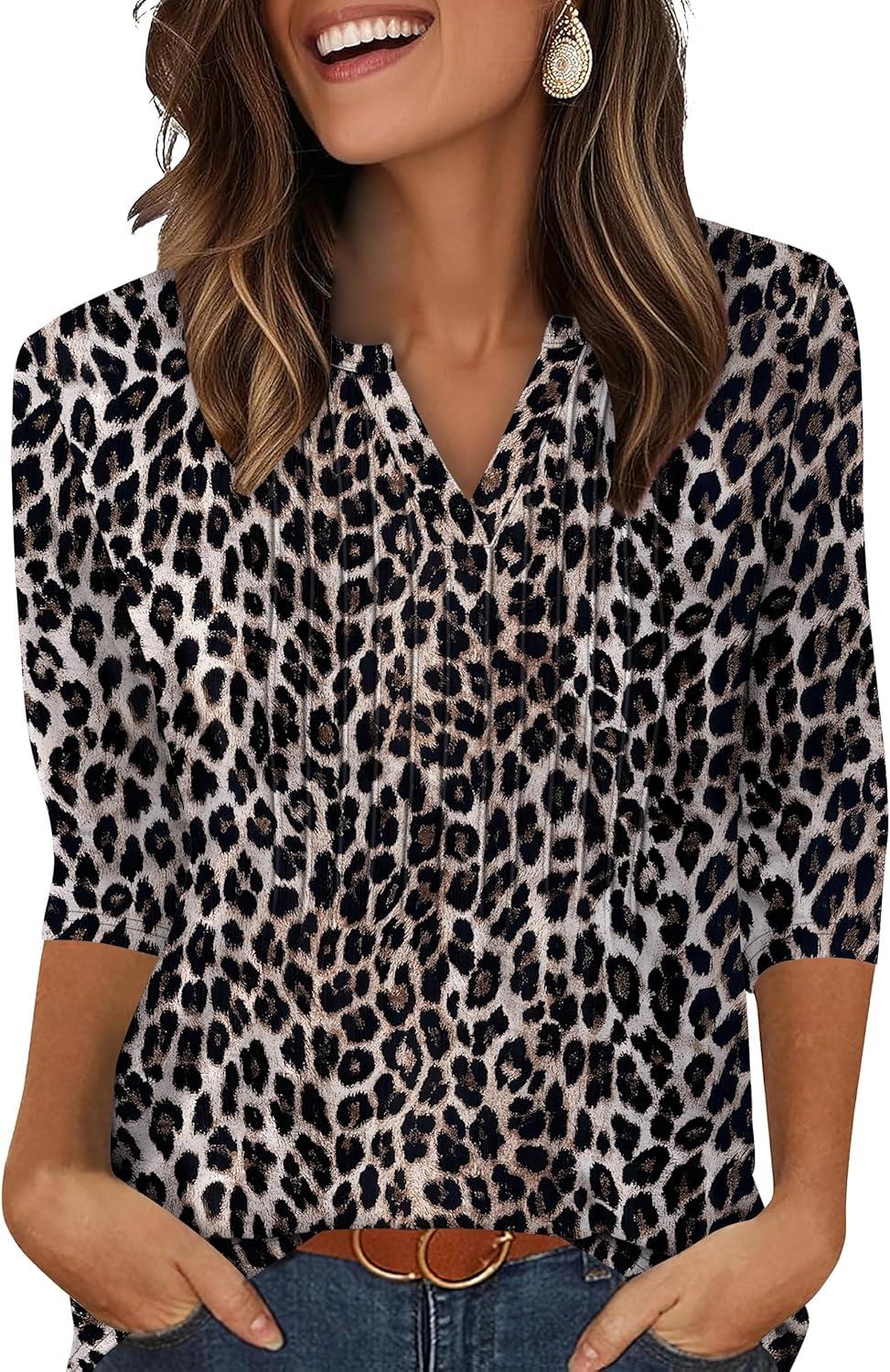 imageXIEERDUO Womens 34 Sleeve Tops 2025 VNeck Casual Pleated Shirts Blouses Beach Vacation Fall Fashion Clothes OutfitsFleopard Print