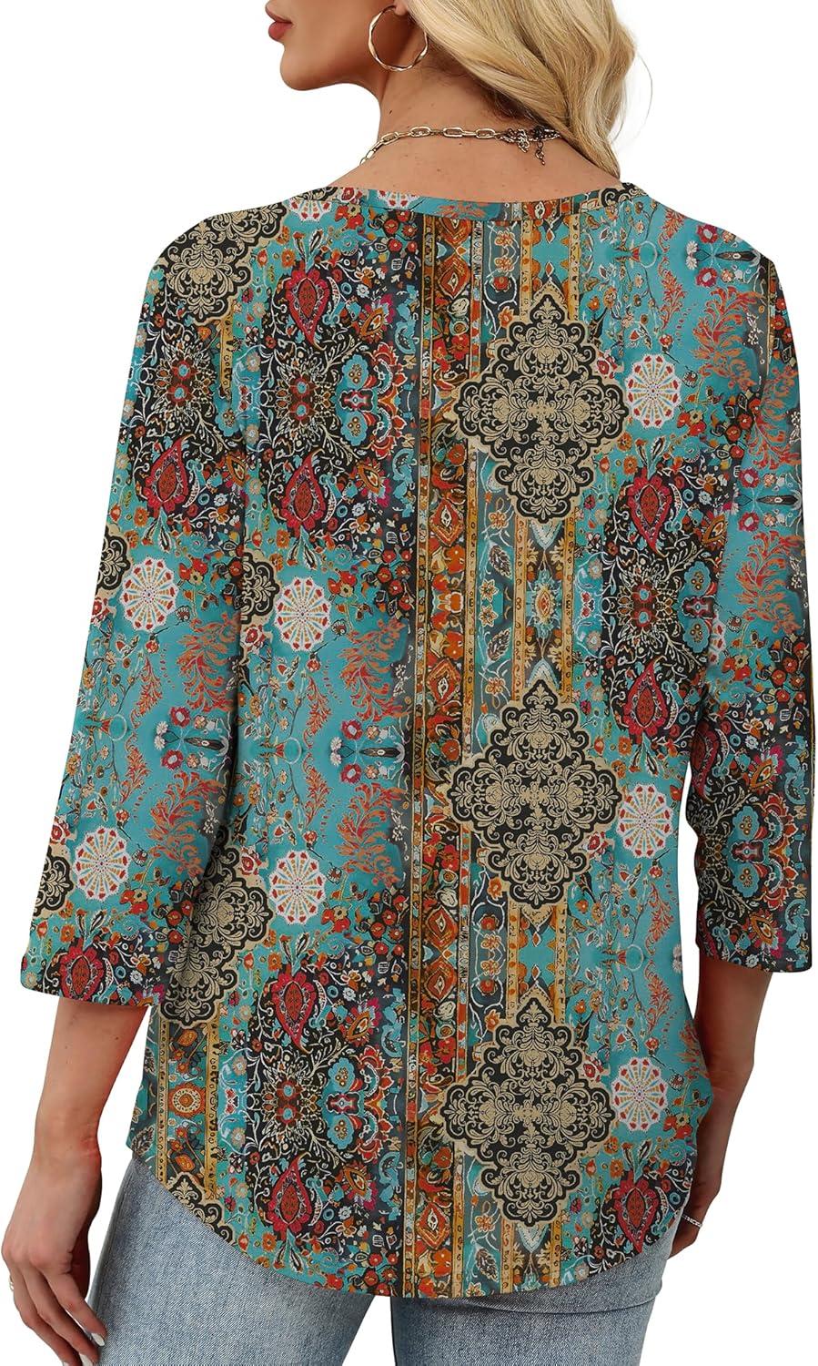 imageXIEERDUO Womens 34 Sleeve Tops 2025 VNeck Casual Pleated Shirts Blouses Beach Vacation Fall Fashion Clothes OutfitsFvintage Boho