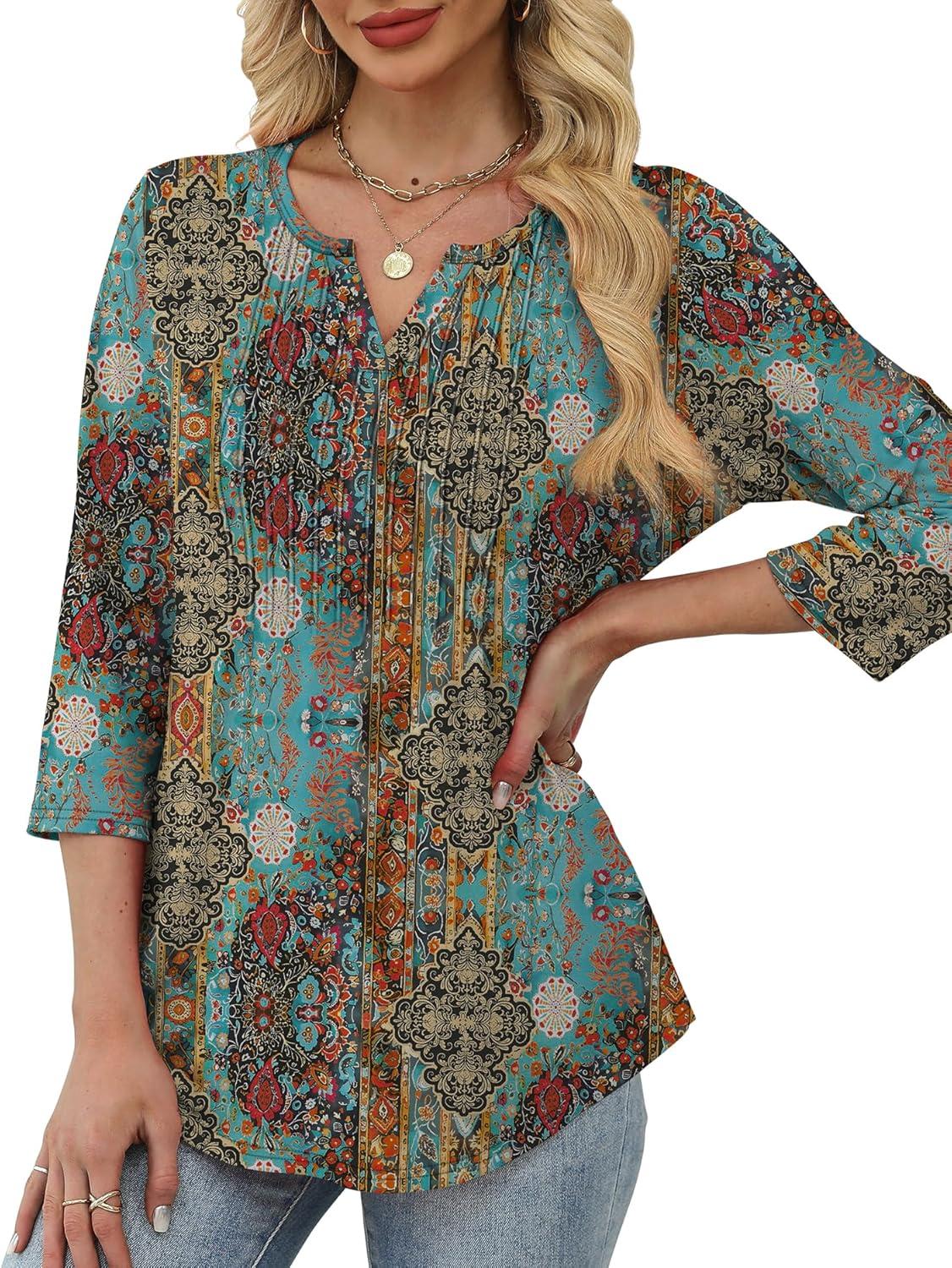 imageXIEERDUO Womens 34 Sleeve Tops 2025 VNeck Casual Pleated Shirts Blouses Beach Vacation Fall Fashion Clothes OutfitsFvintage Boho