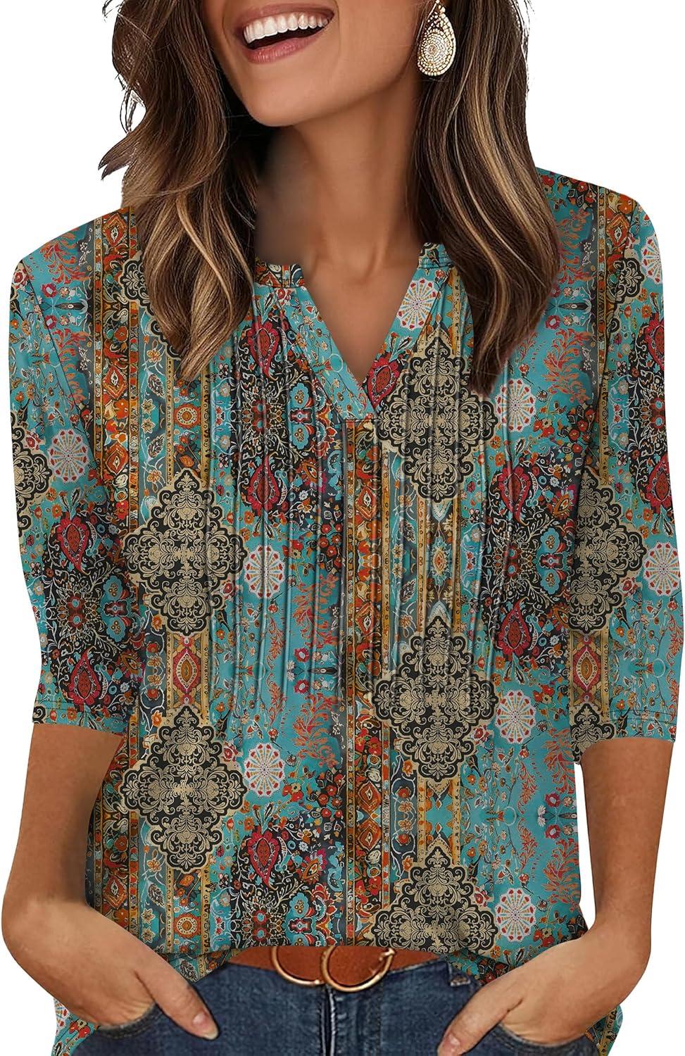 imageXIEERDUO Womens 34 Sleeve Tops 2025 VNeck Casual Pleated Shirts Blouses Beach Vacation Fall Fashion Clothes OutfitsFvintage Boho