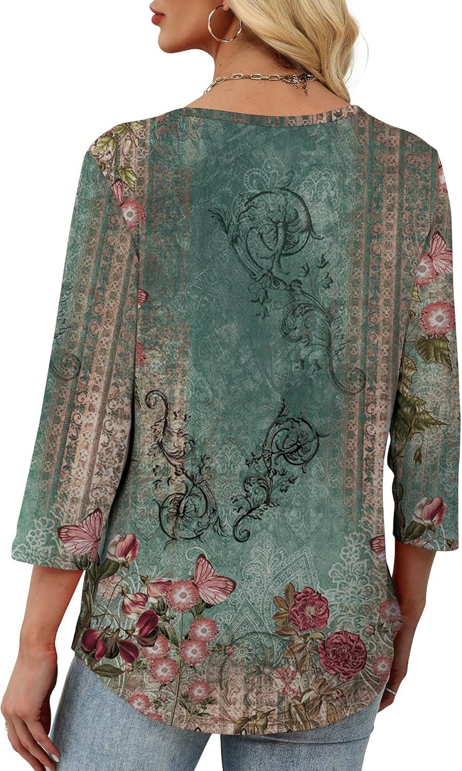 imageXIEERDUO Womens 34 Sleeve Tops 2025 VNeck Casual Pleated Shirts Blouses Beach Vacation Fall Fashion Clothes OutfitsFvintage Floral