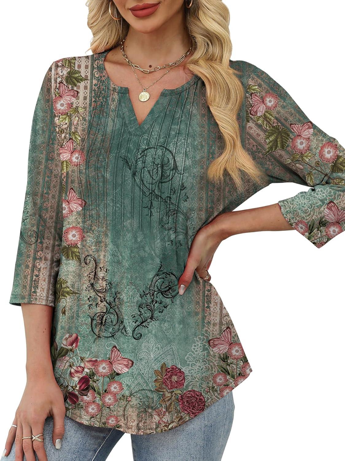 imageXIEERDUO Womens 34 Sleeve Tops 2025 VNeck Casual Pleated Shirts Blouses Beach Vacation Fall Fashion Clothes OutfitsFvintage Floral