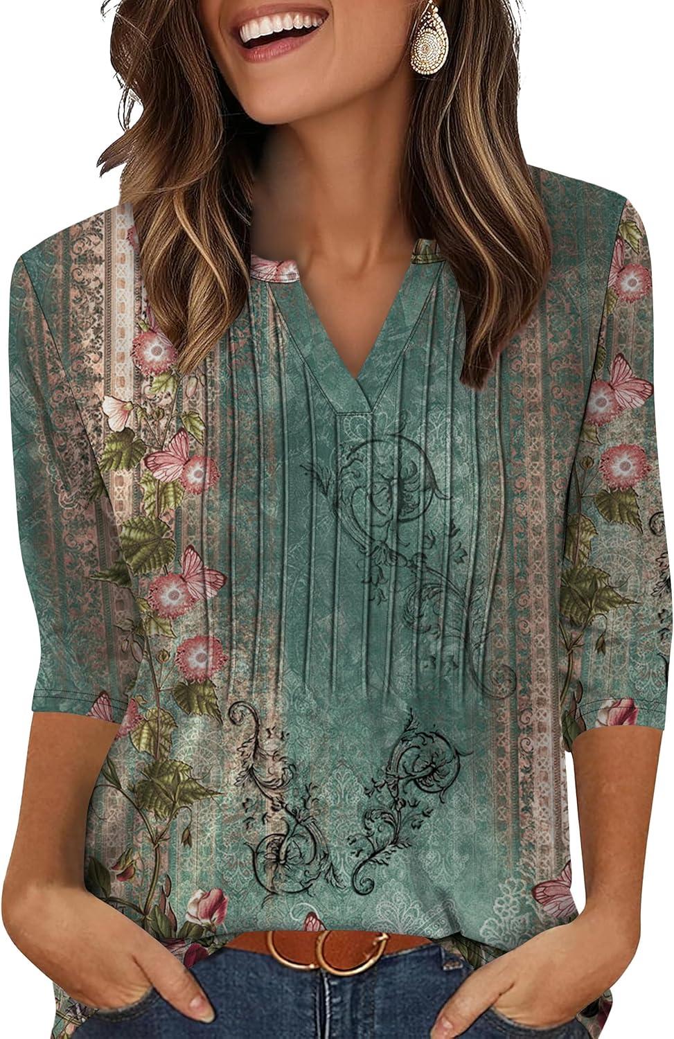 imageXIEERDUO Womens 34 Sleeve Tops 2025 VNeck Casual Pleated Shirts Blouses Beach Vacation Fall Fashion Clothes OutfitsFvintage Floral