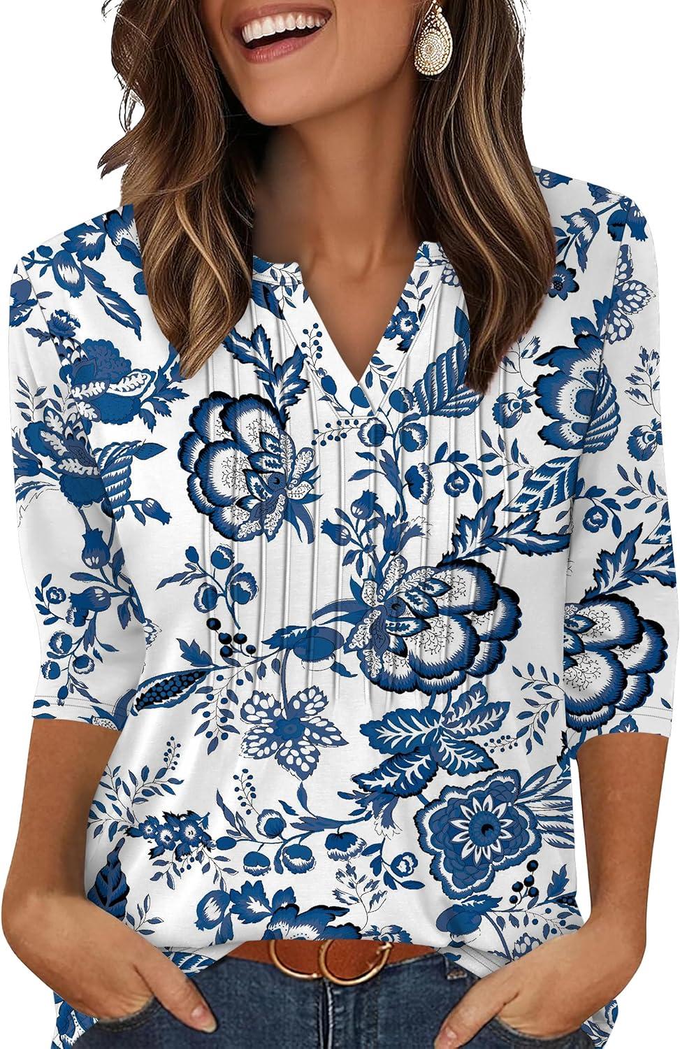 imageXIEERDUO Womens 34 Sleeve Tops 2025 VNeck Casual Pleated Shirts Blouses Beach Vacation Fall Fashion Clothes OutfitsFwhite Tribal Blue Floral