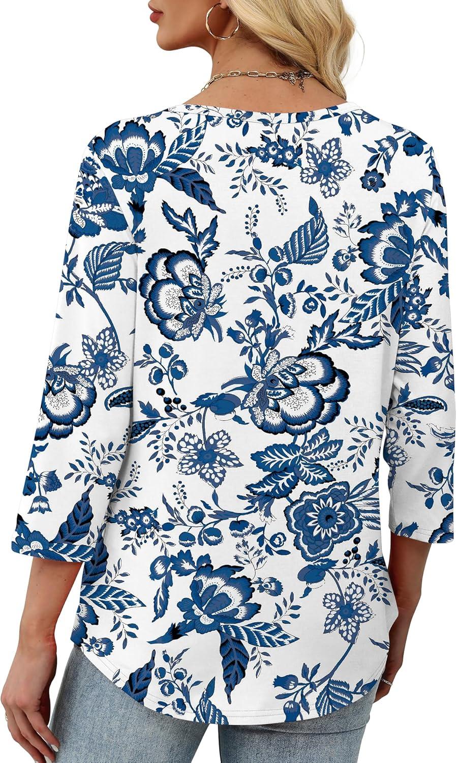 imageXIEERDUO Womens 34 Sleeve Tops 2025 VNeck Casual Pleated Shirts Blouses Beach Vacation Fall Fashion Clothes OutfitsFwhite Tribal Blue Floral