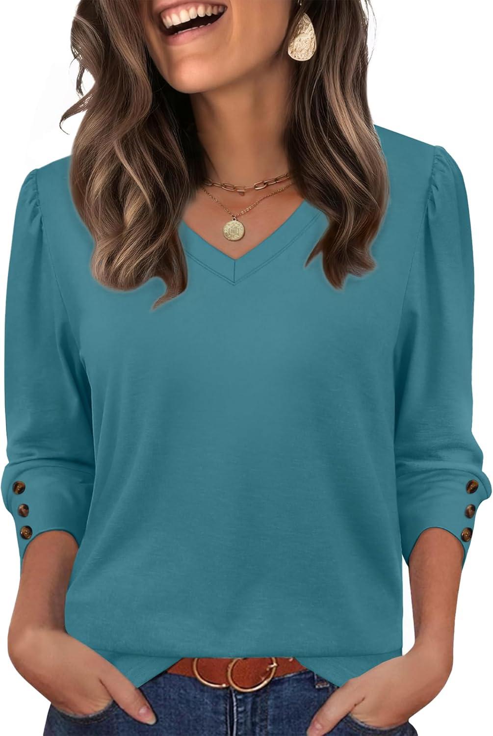 imageXIEERDUO Womens 34 Sleeve Tops with Buttons VNeck Summer Outfits Casual Blouses Shirts Beach Vacation Fall Clothes 2025Ablue Green