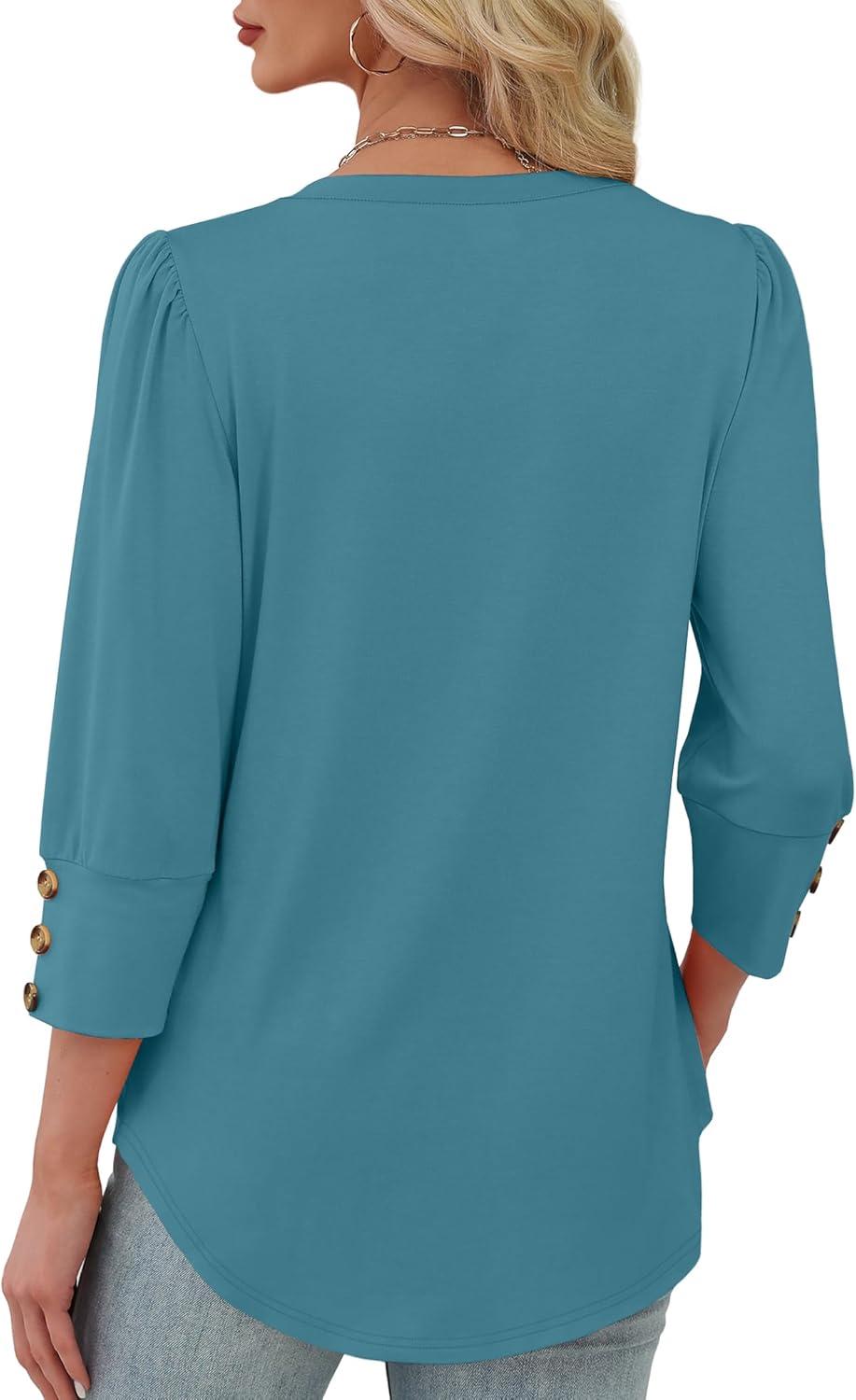 imageXIEERDUO Womens 34 Sleeve Tops with Buttons VNeck Summer Outfits Casual Blouses Shirts Beach Vacation Fall Clothes 2025Ablue Green