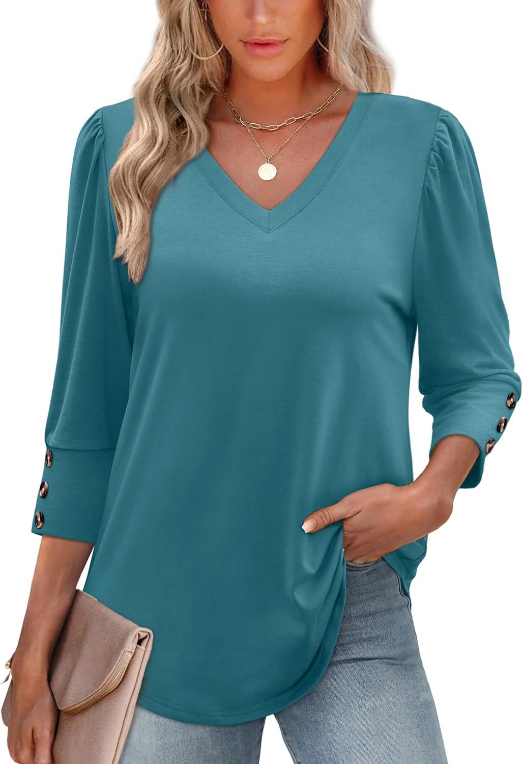 imageXIEERDUO Womens 34 Sleeve Tops with Buttons VNeck Summer Outfits Casual Blouses Shirts Beach Vacation Fall Clothes 2025Ablue Green