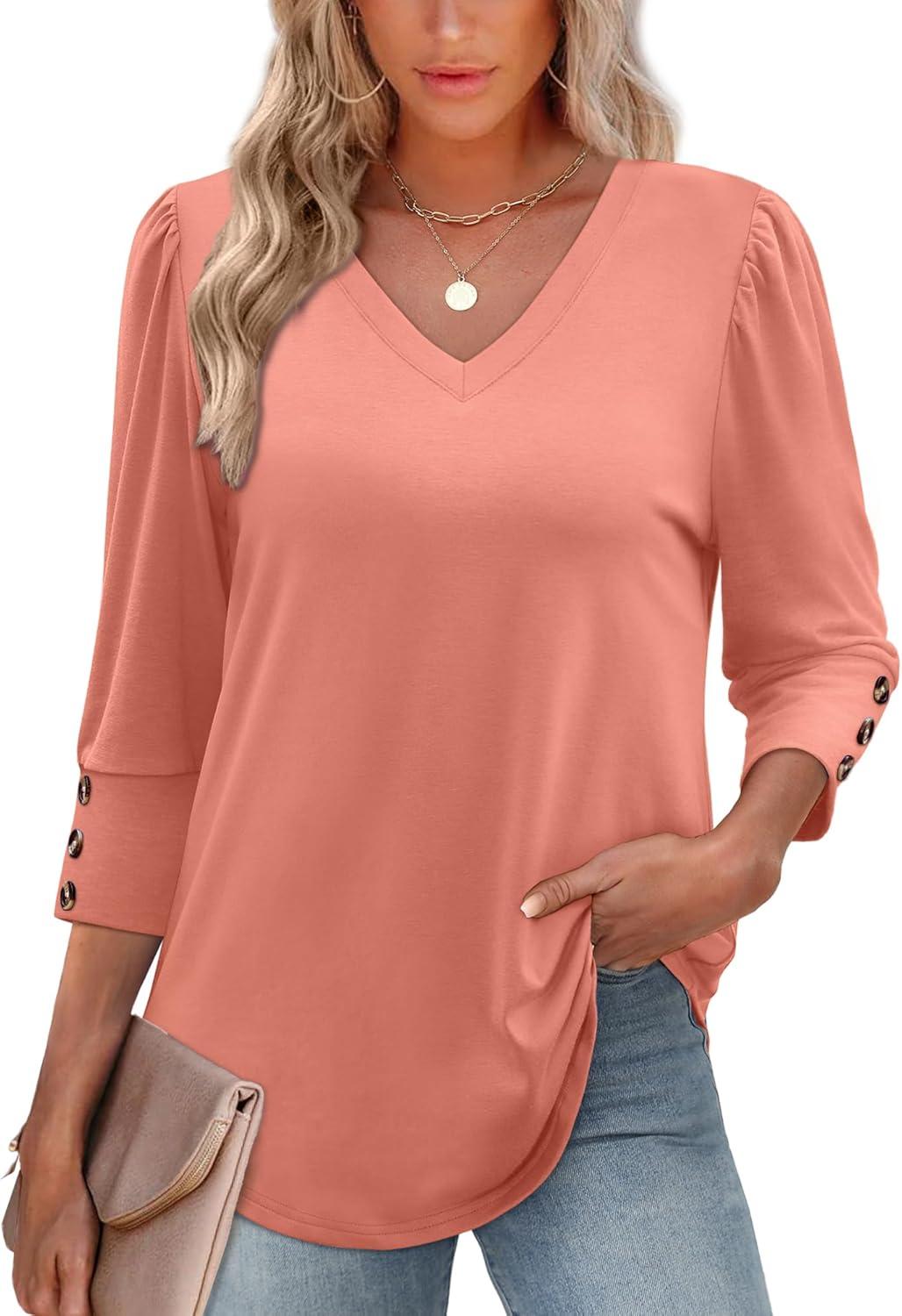 imageXIEERDUO Womens 34 Sleeve Tops with Buttons VNeck Summer Outfits Casual Blouses Shirts Beach Vacation Fall Clothes 2025Acoral