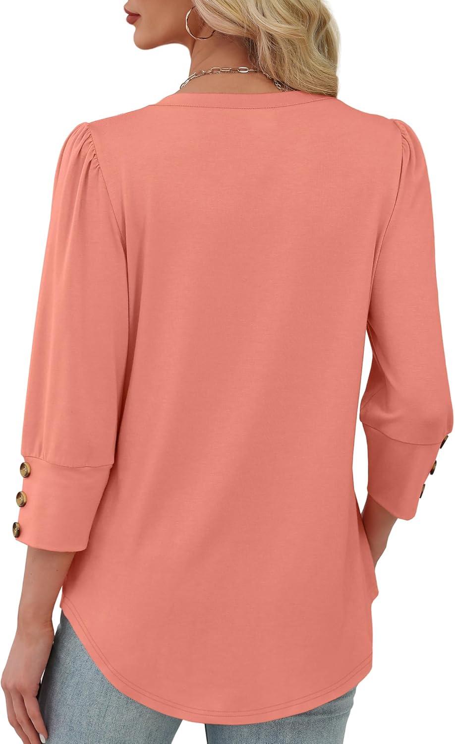 imageXIEERDUO Womens 34 Sleeve Tops with Buttons VNeck Summer Outfits Casual Blouses Shirts Beach Vacation Fall Clothes 2025Acoral