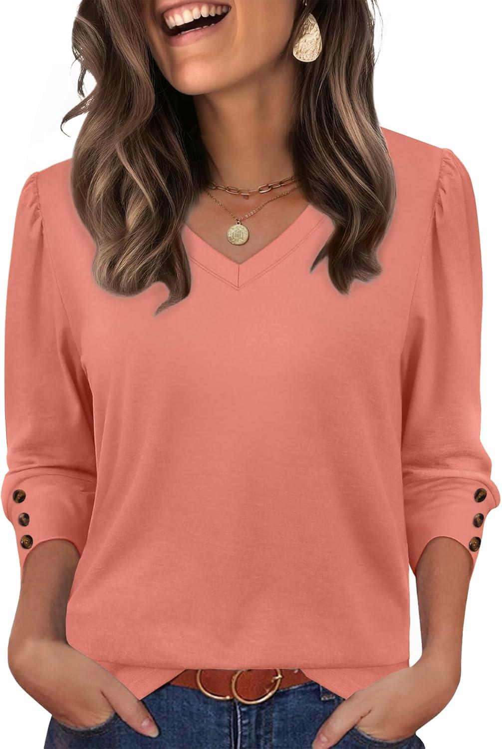 imageXIEERDUO Womens 34 Sleeve Tops with Buttons VNeck Summer Outfits Casual Blouses Shirts Beach Vacation Fall Clothes 2025Acoral