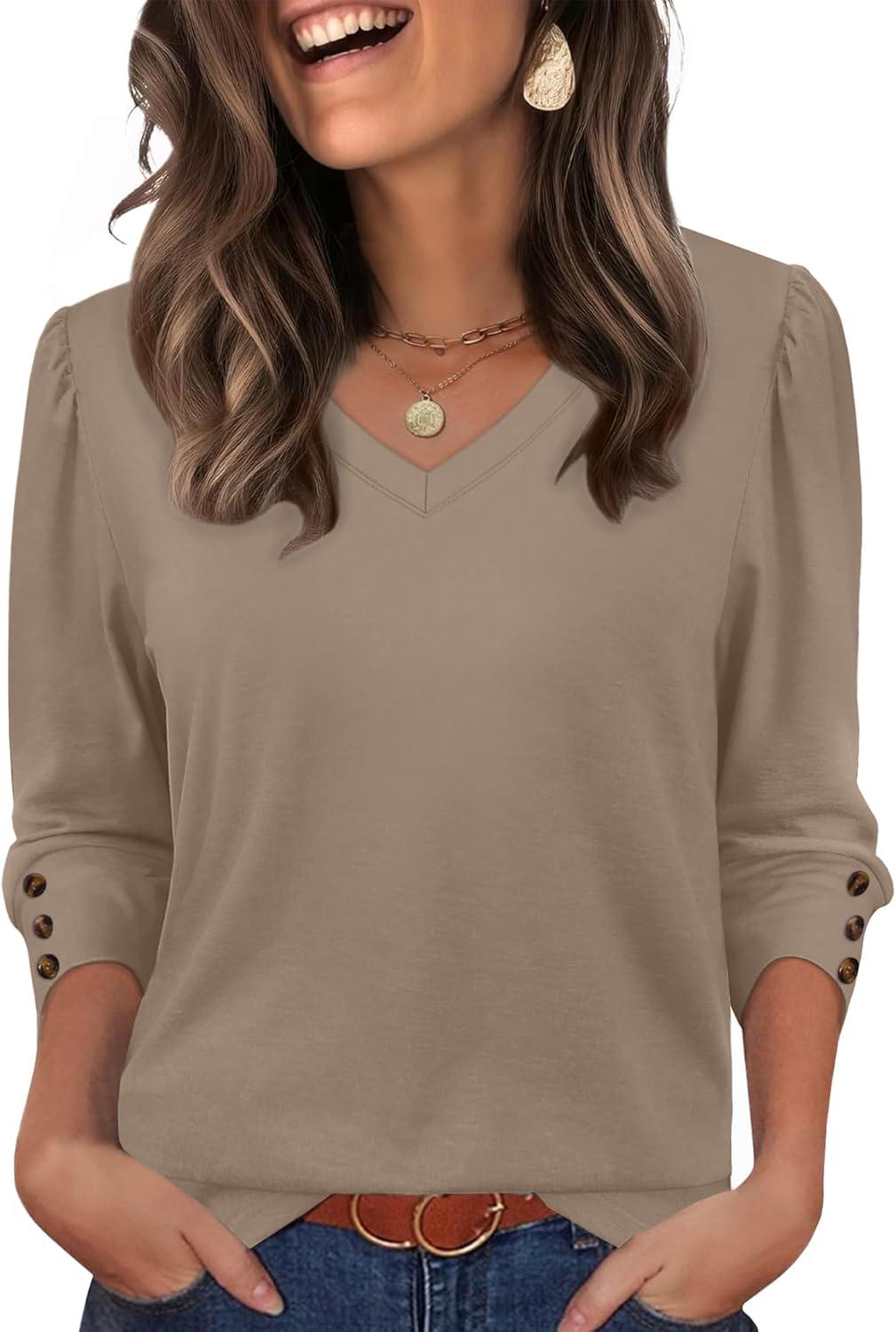 imageXIEERDUO Womens 34 Sleeve Tops with Buttons VNeck Summer Outfits Casual Blouses Shirts Beach Vacation Fall Clothes 2025Akhaki