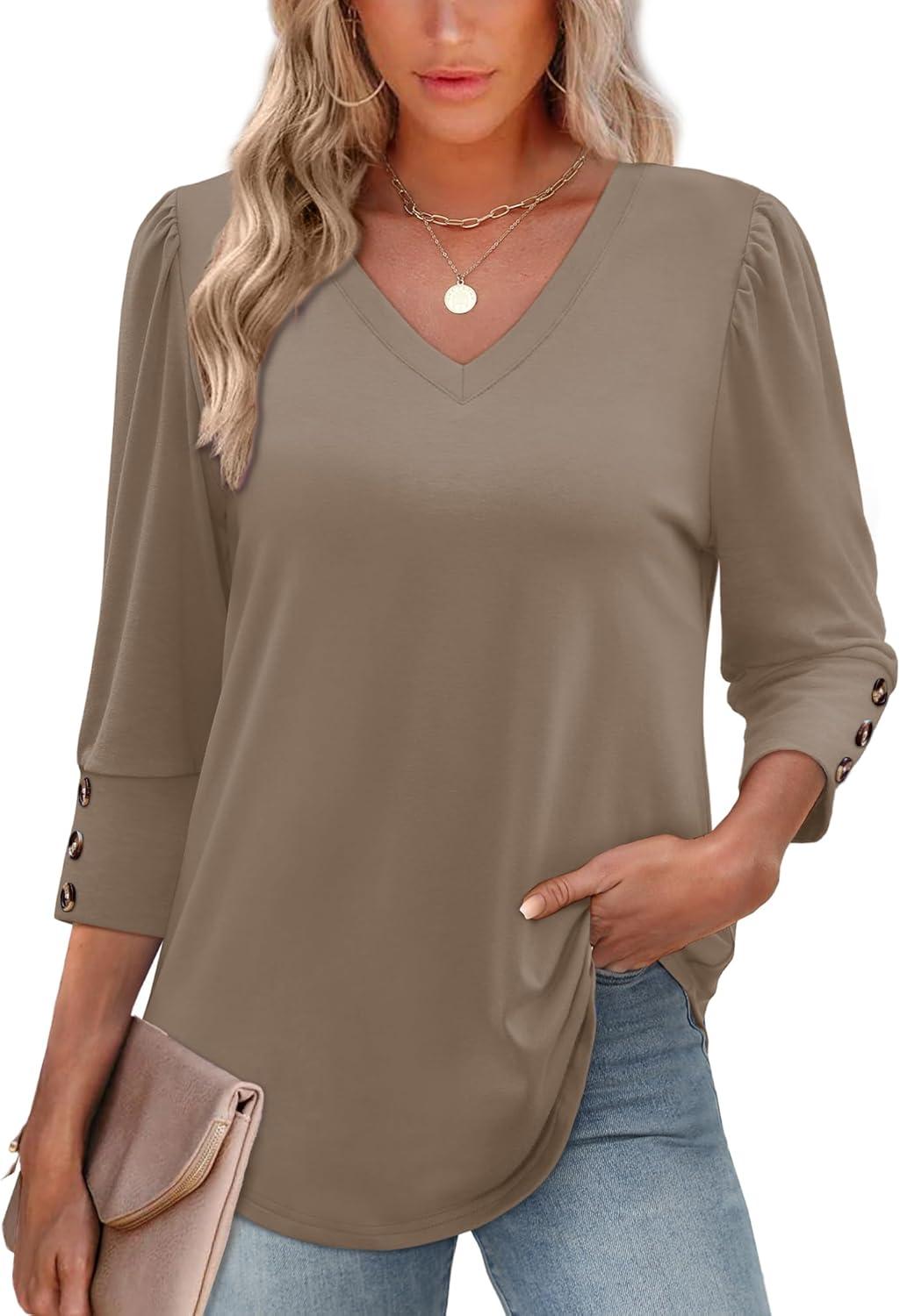 imageXIEERDUO Womens 34 Sleeve Tops with Buttons VNeck Summer Outfits Casual Blouses Shirts Beach Vacation Fall Clothes 2025Akhaki