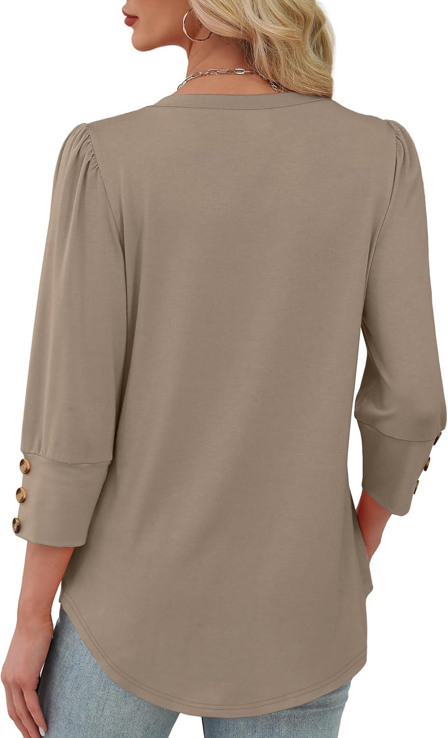 imageXIEERDUO Womens 34 Sleeve Tops with Buttons VNeck Summer Outfits Casual Blouses Shirts Beach Vacation Fall Clothes 2025Akhaki