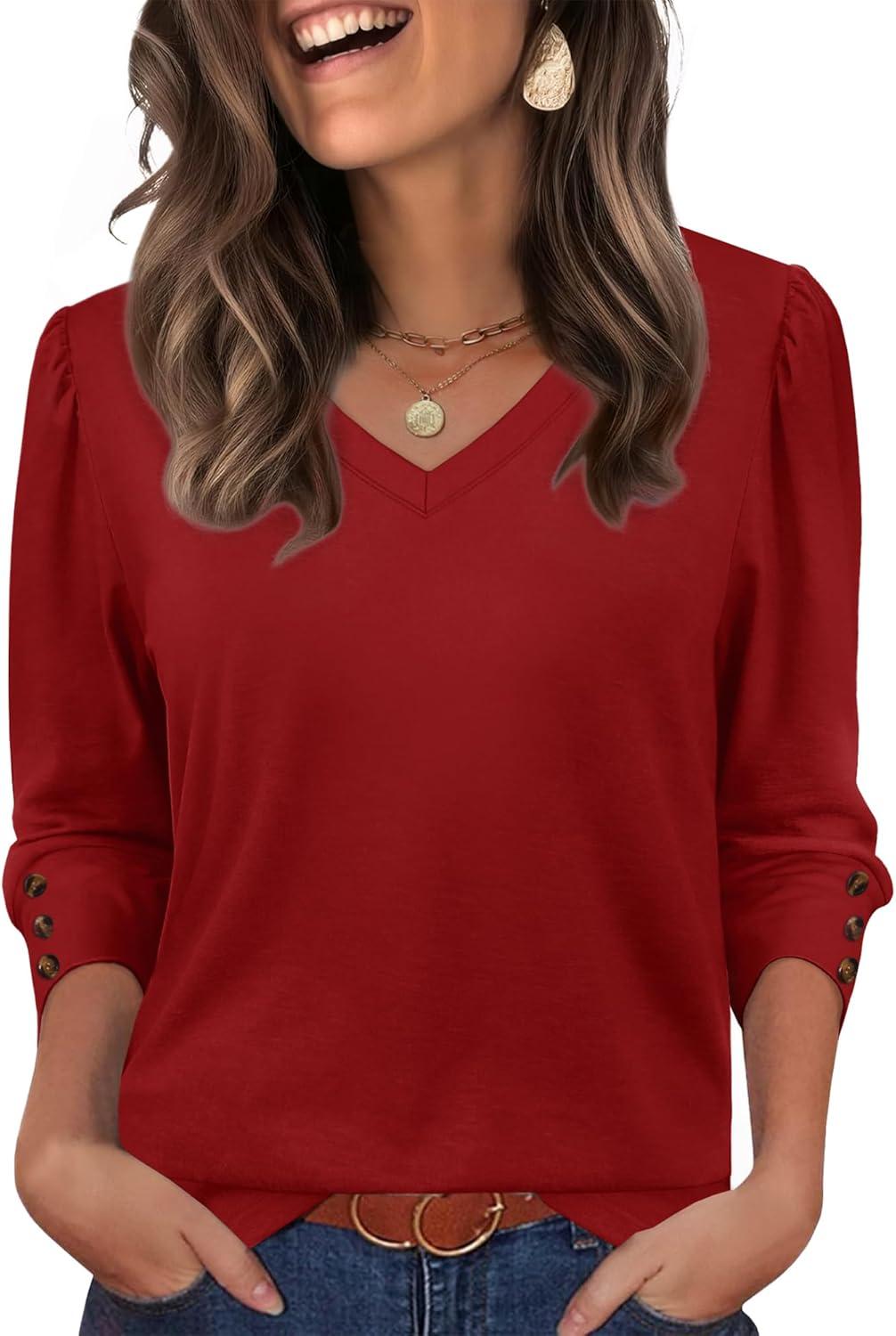 imageXIEERDUO Womens 34 Sleeve Tops with Buttons VNeck Summer Outfits Casual Blouses Shirts Beach Vacation Fall Clothes 2025Ared