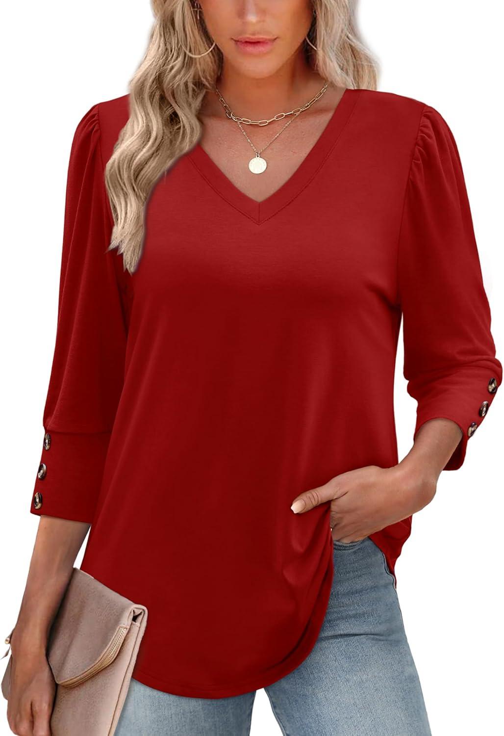 imageXIEERDUO Womens 34 Sleeve Tops with Buttons VNeck Summer Outfits Casual Blouses Shirts Beach Vacation Fall Clothes 2025Ared