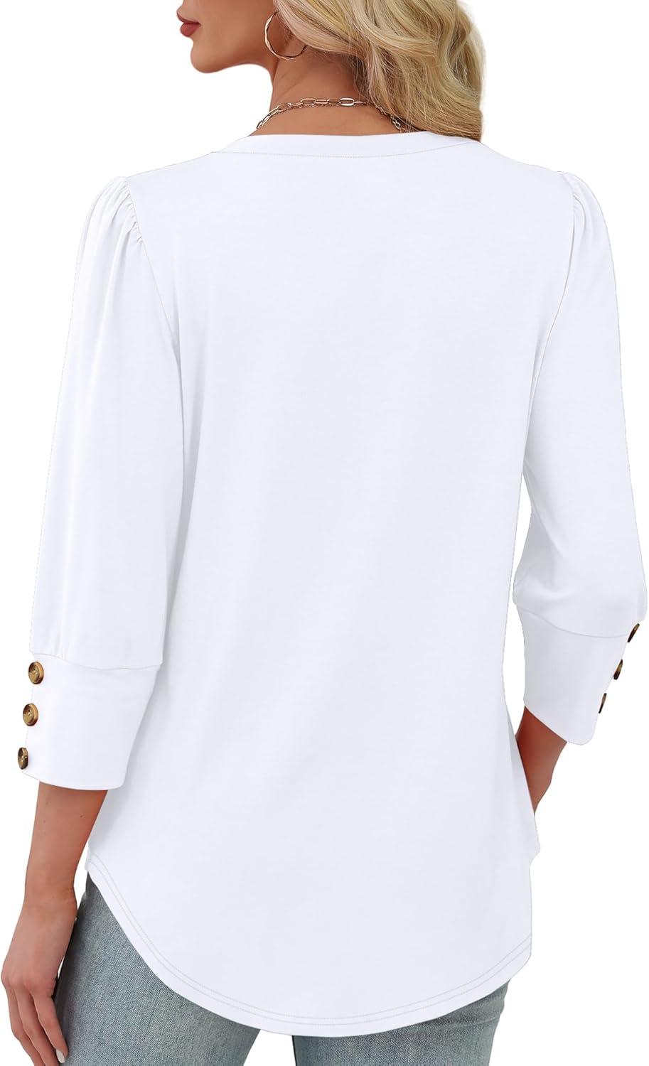 imageXIEERDUO Womens 34 Sleeve Tops with Buttons VNeck Summer Outfits Casual Blouses Shirts Beach Vacation Fall Clothes 2025Awhite