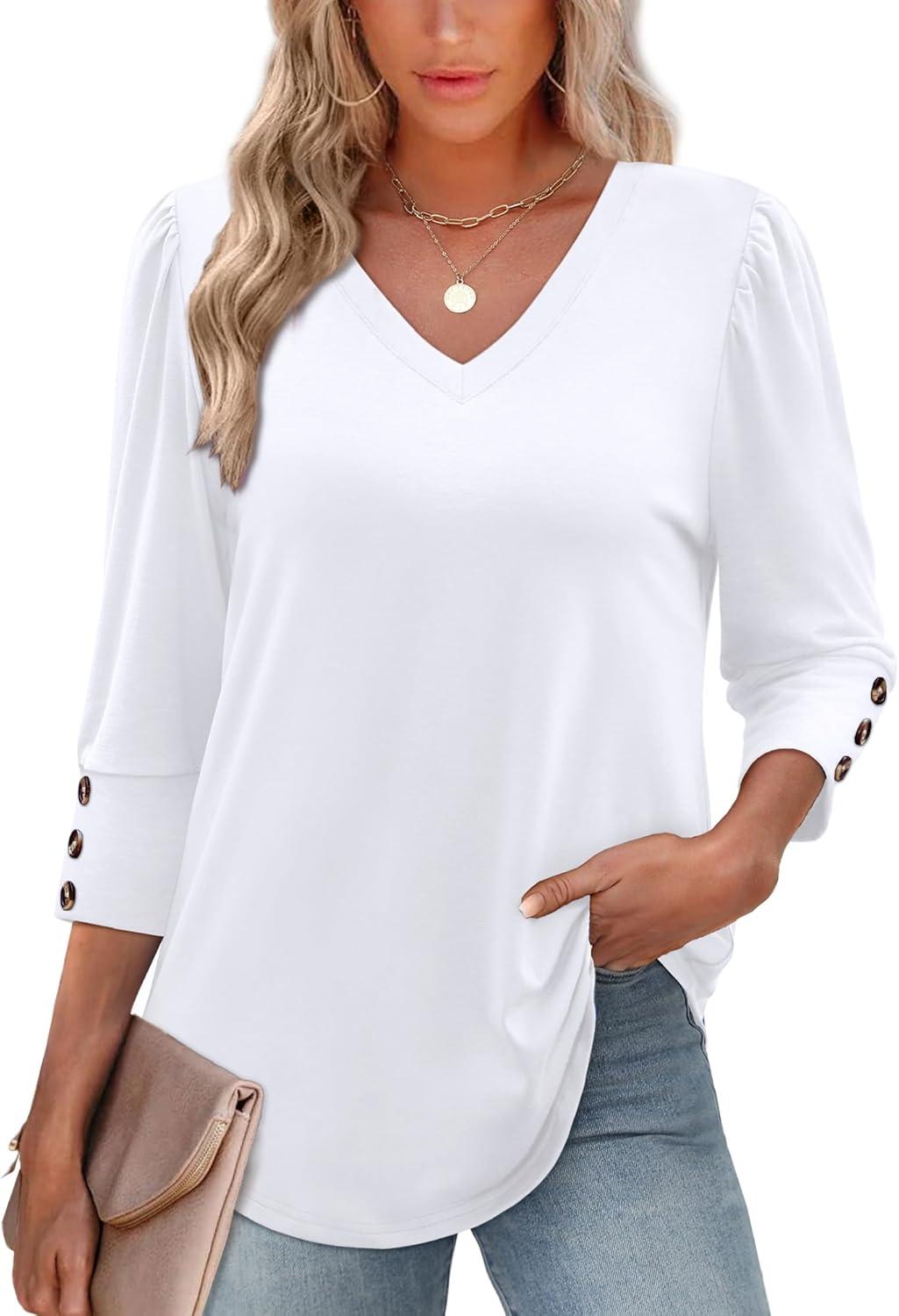 imageXIEERDUO Womens 34 Sleeve Tops with Buttons VNeck Summer Outfits Casual Blouses Shirts Beach Vacation Fall Clothes 2025Awhite