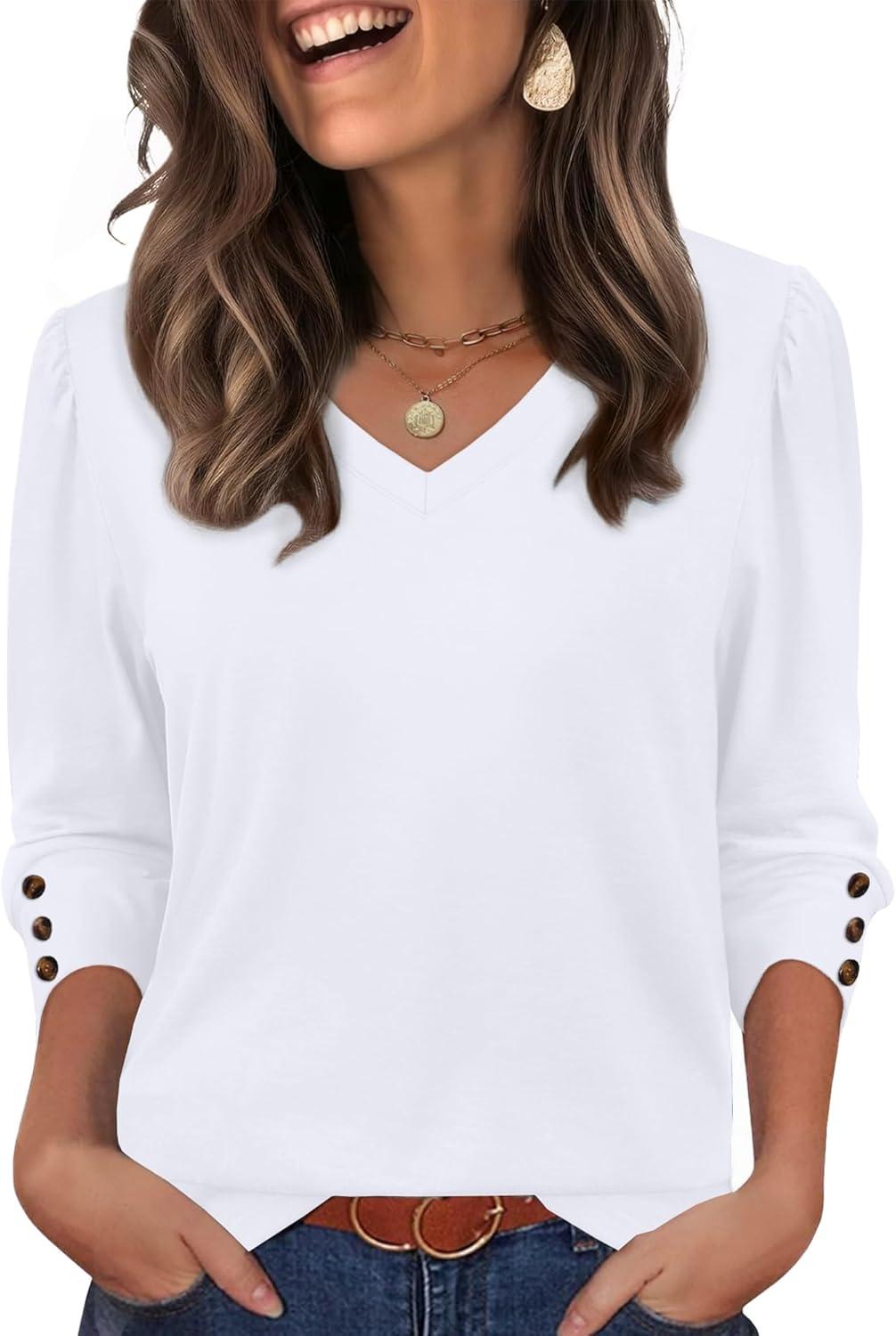 imageXIEERDUO Womens 34 Sleeve Tops with Buttons VNeck Summer Outfits Casual Blouses Shirts Beach Vacation Fall Clothes 2025Awhite