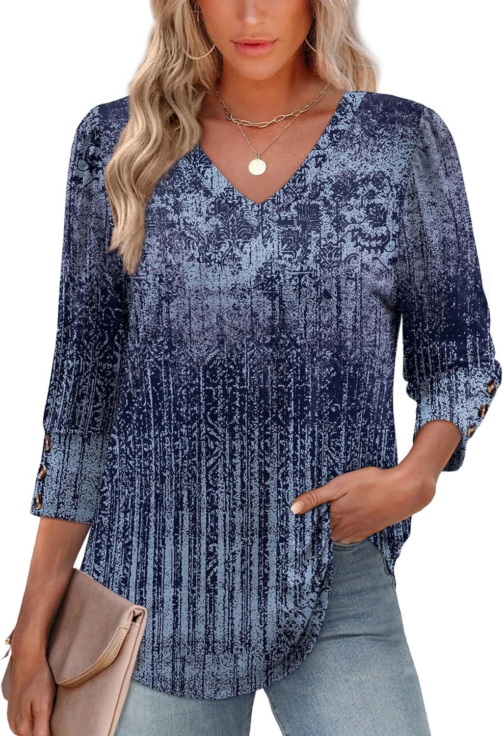 imageXIEERDUO Womens 34 Sleeve Tops with Buttons VNeck Summer Outfits Casual Blouses Shirts Beach Vacation Fall Clothes 2025Fashy Blue Gradient