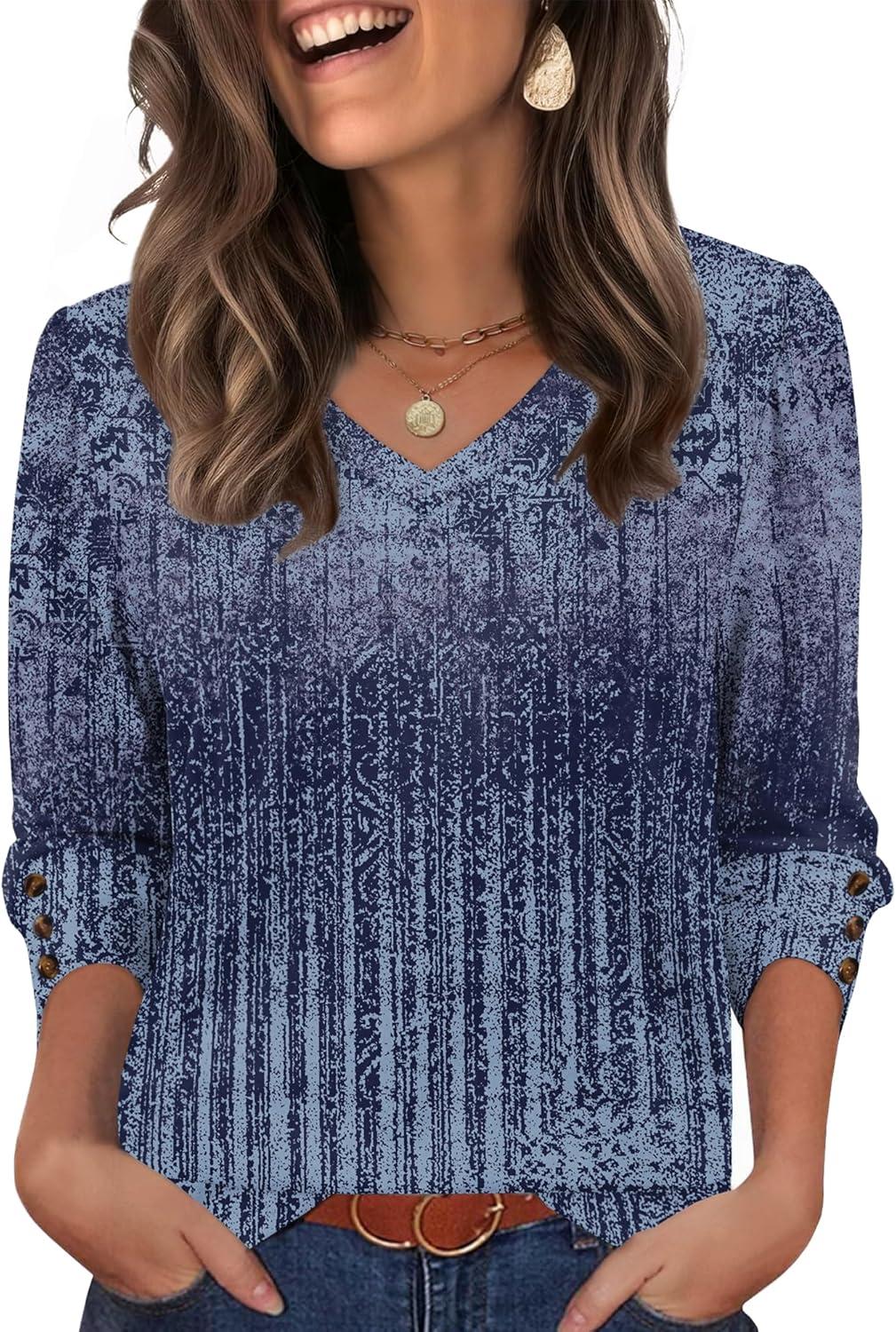 imageXIEERDUO Womens 34 Sleeve Tops with Buttons VNeck Summer Outfits Casual Blouses Shirts Beach Vacation Fall Clothes 2025Fashy Blue Gradient