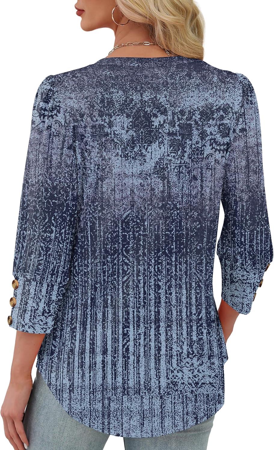 imageXIEERDUO Womens 34 Sleeve Tops with Buttons VNeck Summer Outfits Casual Blouses Shirts Beach Vacation Fall Clothes 2025Fashy Blue Gradient