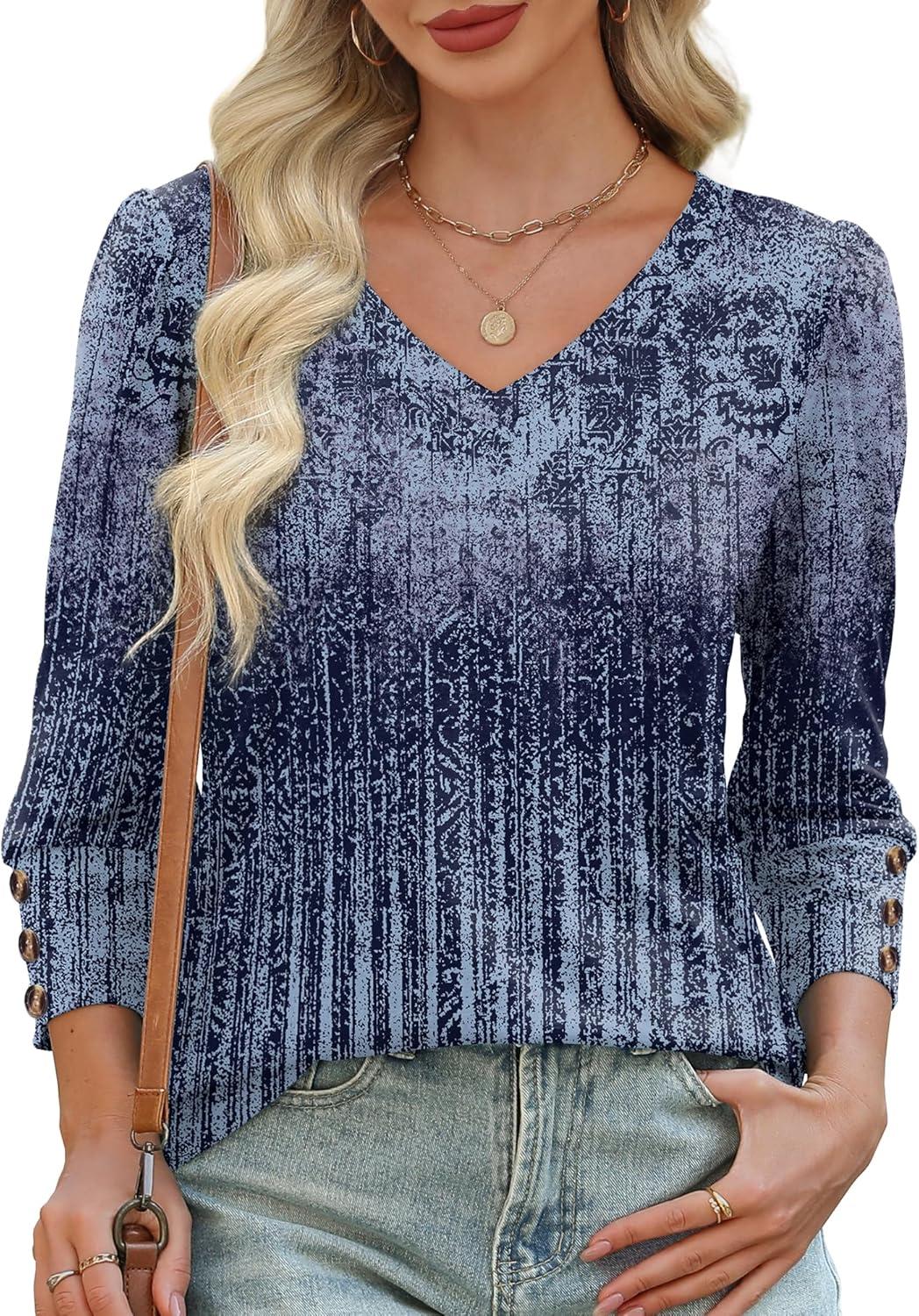 imageXIEERDUO Womens 34 Sleeve Tops with Buttons VNeck Summer Outfits Casual Blouses Shirts Beach Vacation Fall Clothes 2025Fashy Blue Gradient