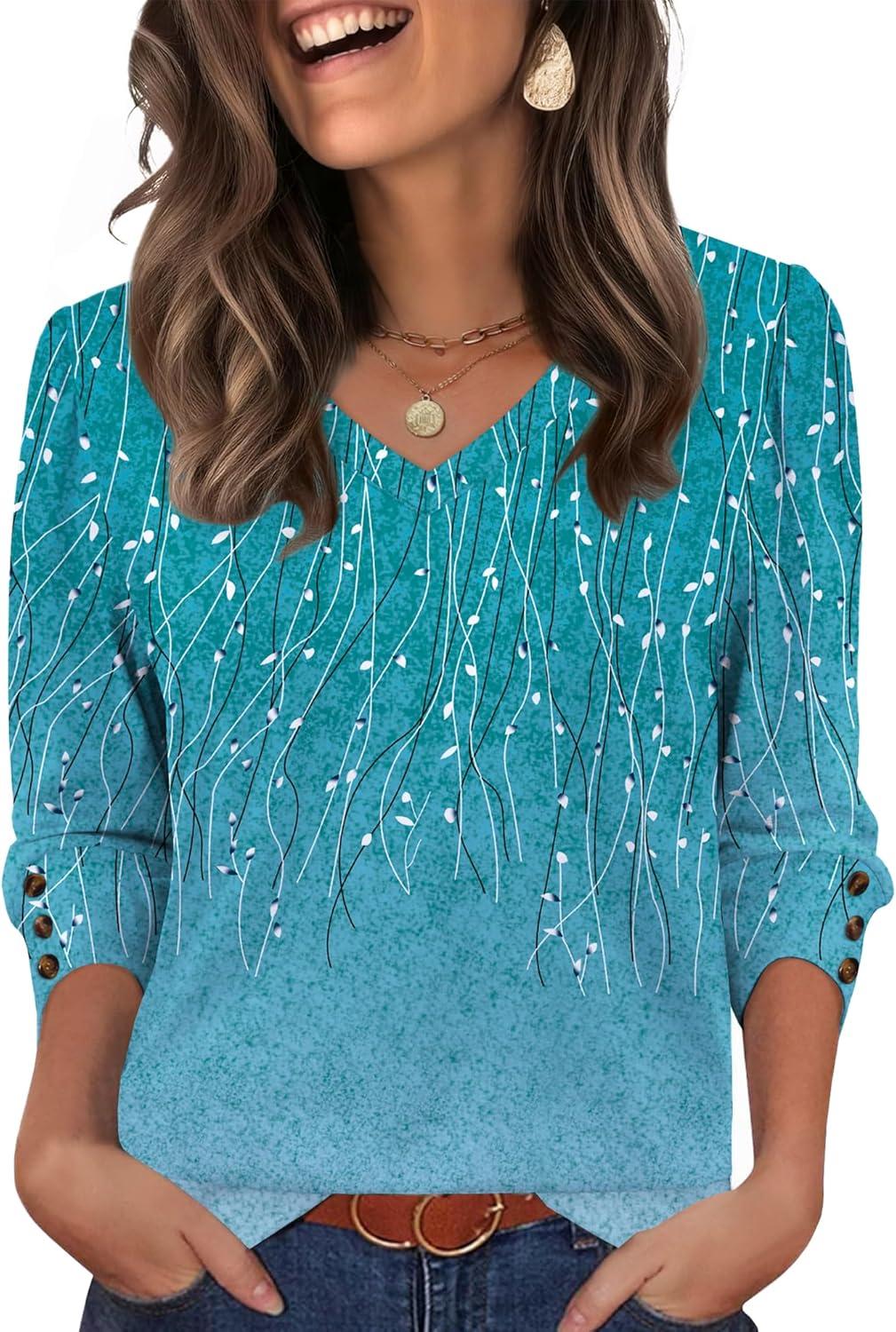 imageXIEERDUO Womens 34 Sleeve Tops with Buttons VNeck Summer Outfits Casual Blouses Shirts Beach Vacation Fall Clothes 2025Fblue Dotted Lines