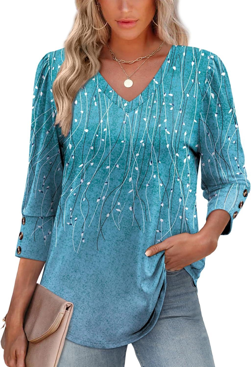 imageXIEERDUO Womens 34 Sleeve Tops with Buttons VNeck Summer Outfits Casual Blouses Shirts Beach Vacation Fall Clothes 2025Fblue Dotted Lines