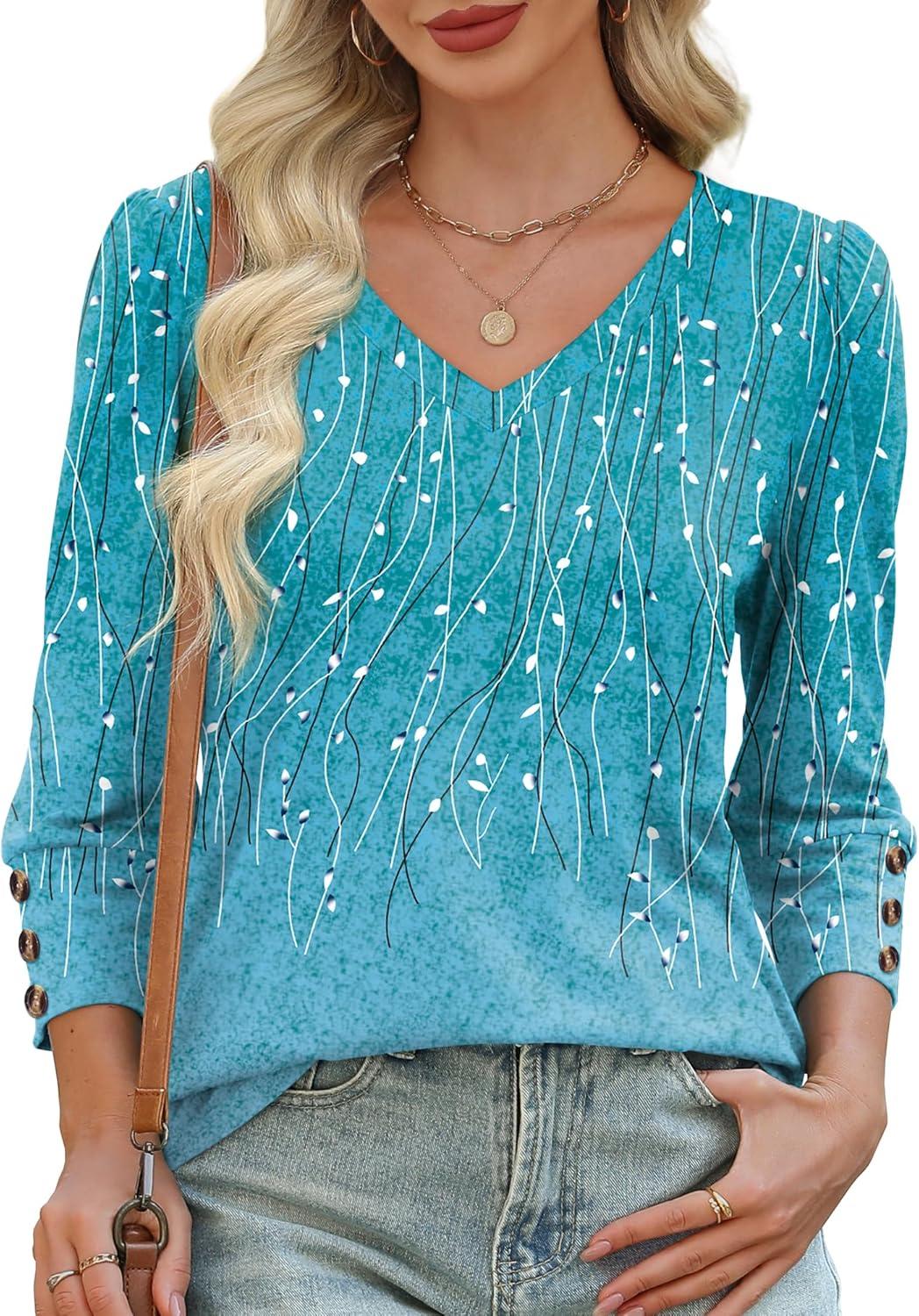 imageXIEERDUO Womens 34 Sleeve Tops with Buttons VNeck Summer Outfits Casual Blouses Shirts Beach Vacation Fall Clothes 2025Fblue Dotted Lines