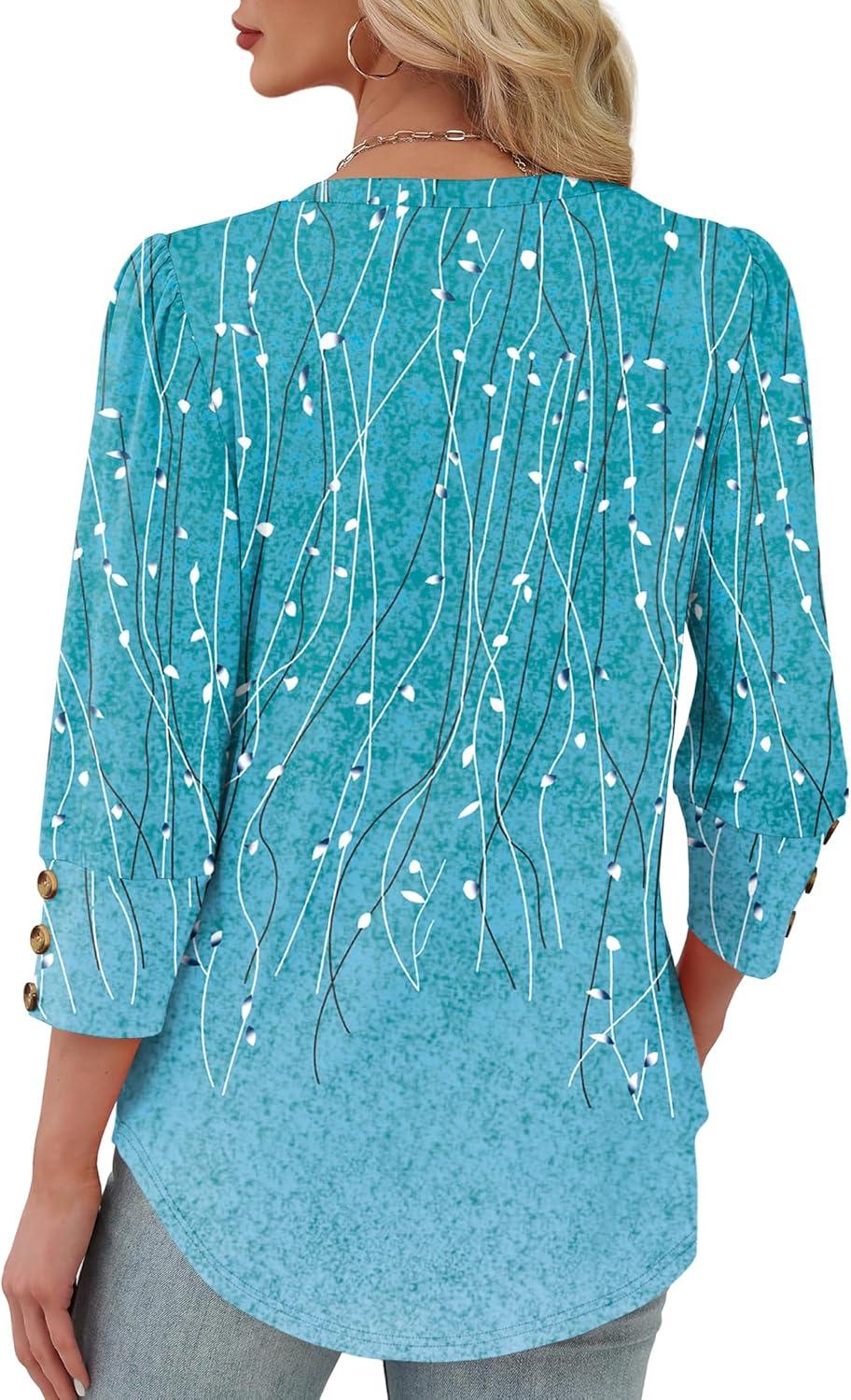 imageXIEERDUO Womens 34 Sleeve Tops with Buttons VNeck Summer Outfits Casual Blouses Shirts Beach Vacation Fall Clothes 2025Fblue Dotted Lines