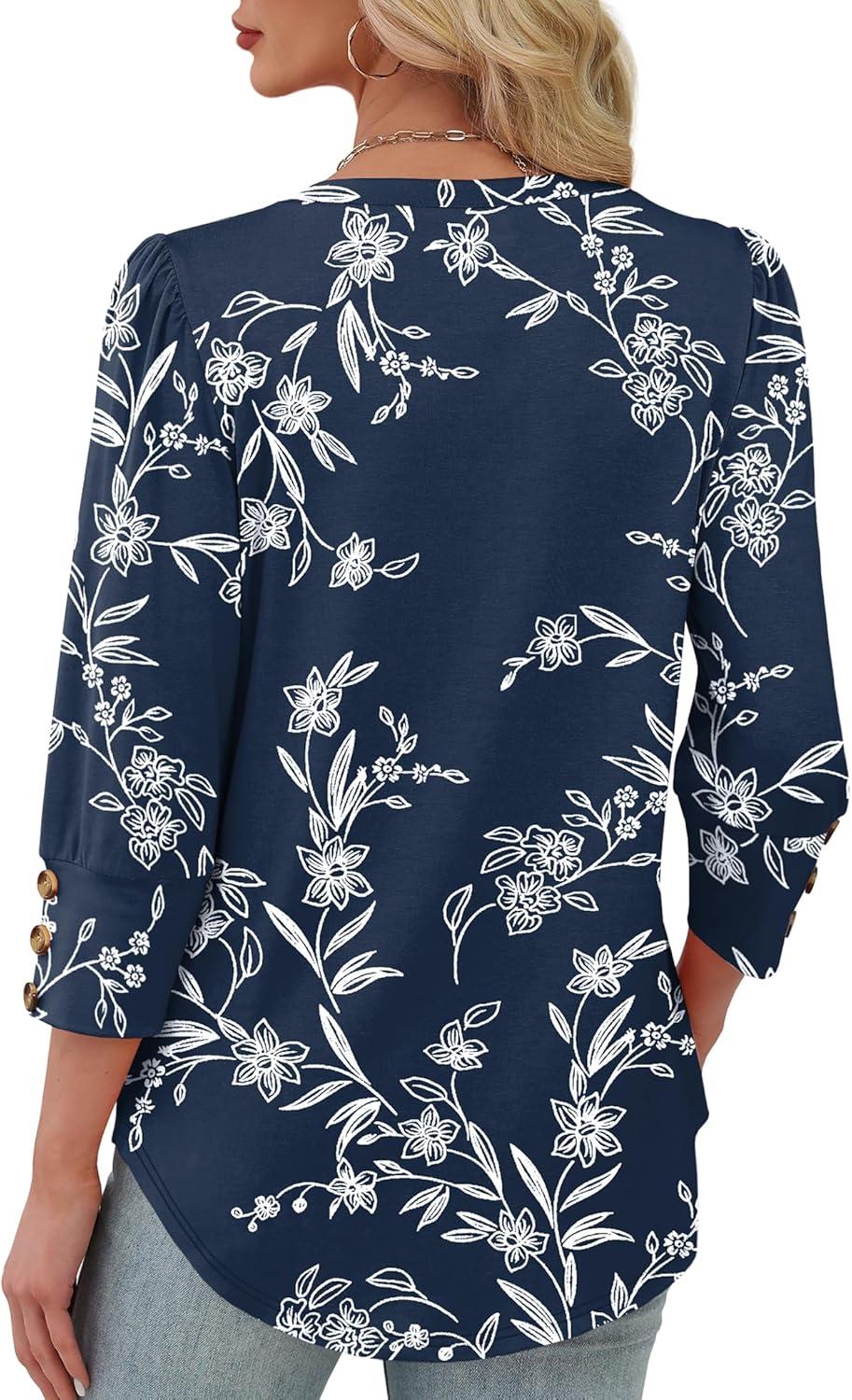 imageXIEERDUO Womens 34 Sleeve Tops with Buttons VNeck Summer Outfits Casual Blouses Shirts Beach Vacation Fall Clothes 2025Fblue Floral