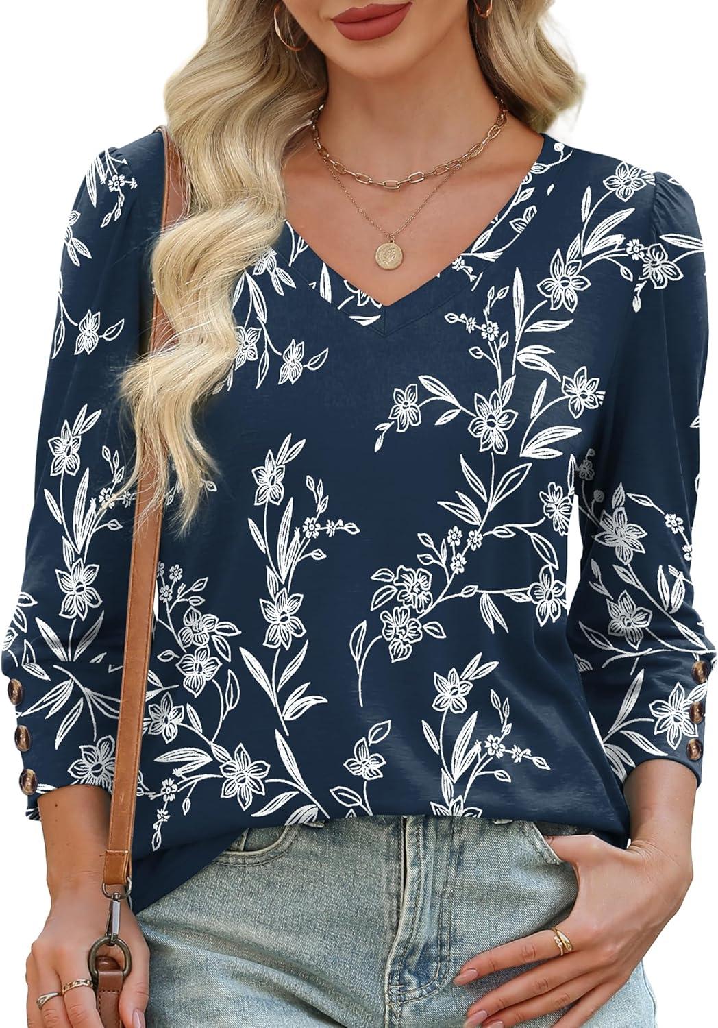 imageXIEERDUO Womens 34 Sleeve Tops with Buttons VNeck Summer Outfits Casual Blouses Shirts Beach Vacation Fall Clothes 2025Fblue Floral