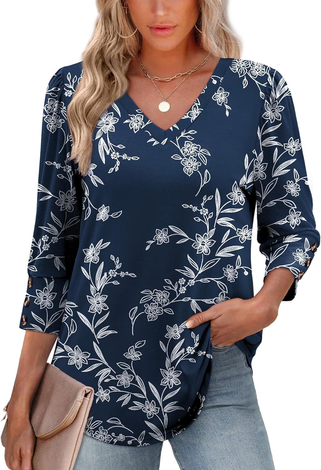 imageXIEERDUO Womens 34 Sleeve Tops with Buttons VNeck Summer Outfits Casual Blouses Shirts Beach Vacation Fall Clothes 2025Fblue Floral