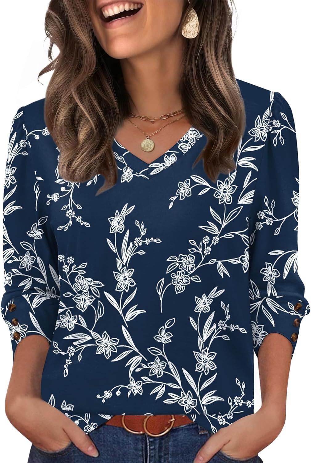 imageXIEERDUO Womens 34 Sleeve Tops with Buttons VNeck Summer Outfits Casual Blouses Shirts Beach Vacation Fall Clothes 2025Fblue Floral
