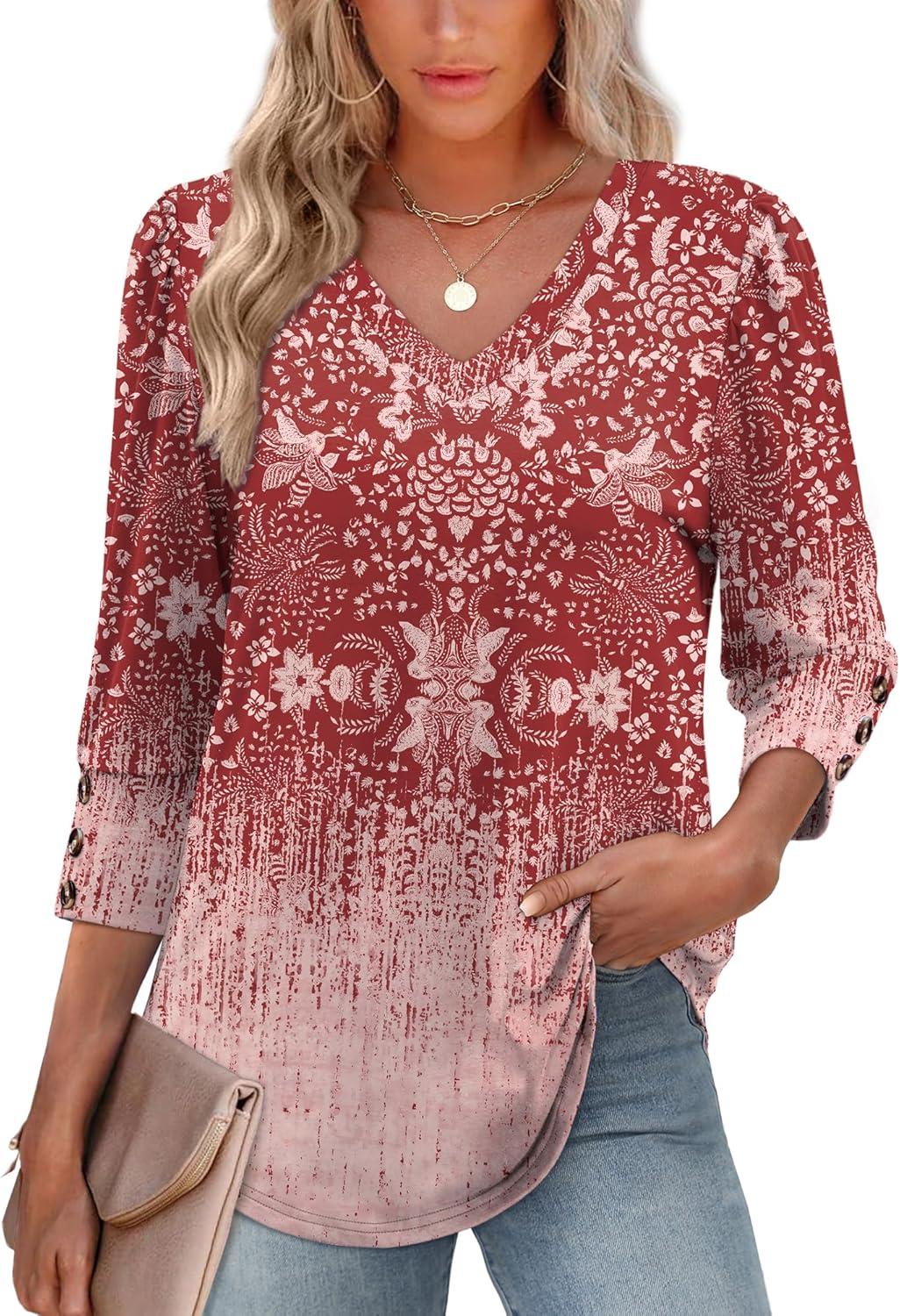 imageXIEERDUO Womens 34 Sleeve Tops with Buttons VNeck Summer Outfits Casual Blouses Shirts Beach Vacation Fall Clothes 2025Fblush Gradient