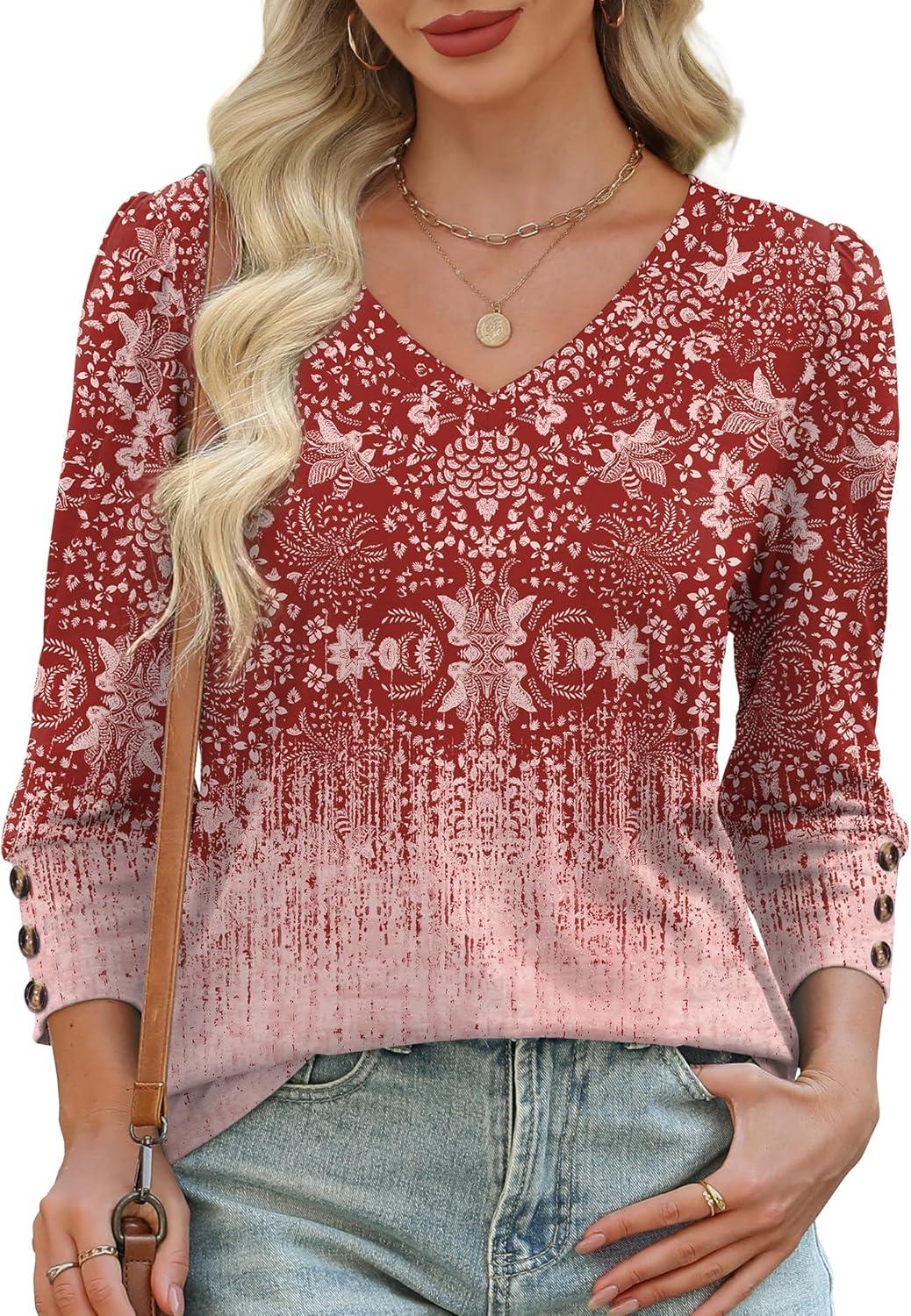 imageXIEERDUO Womens 34 Sleeve Tops with Buttons VNeck Summer Outfits Casual Blouses Shirts Beach Vacation Fall Clothes 2025Fblush Gradient