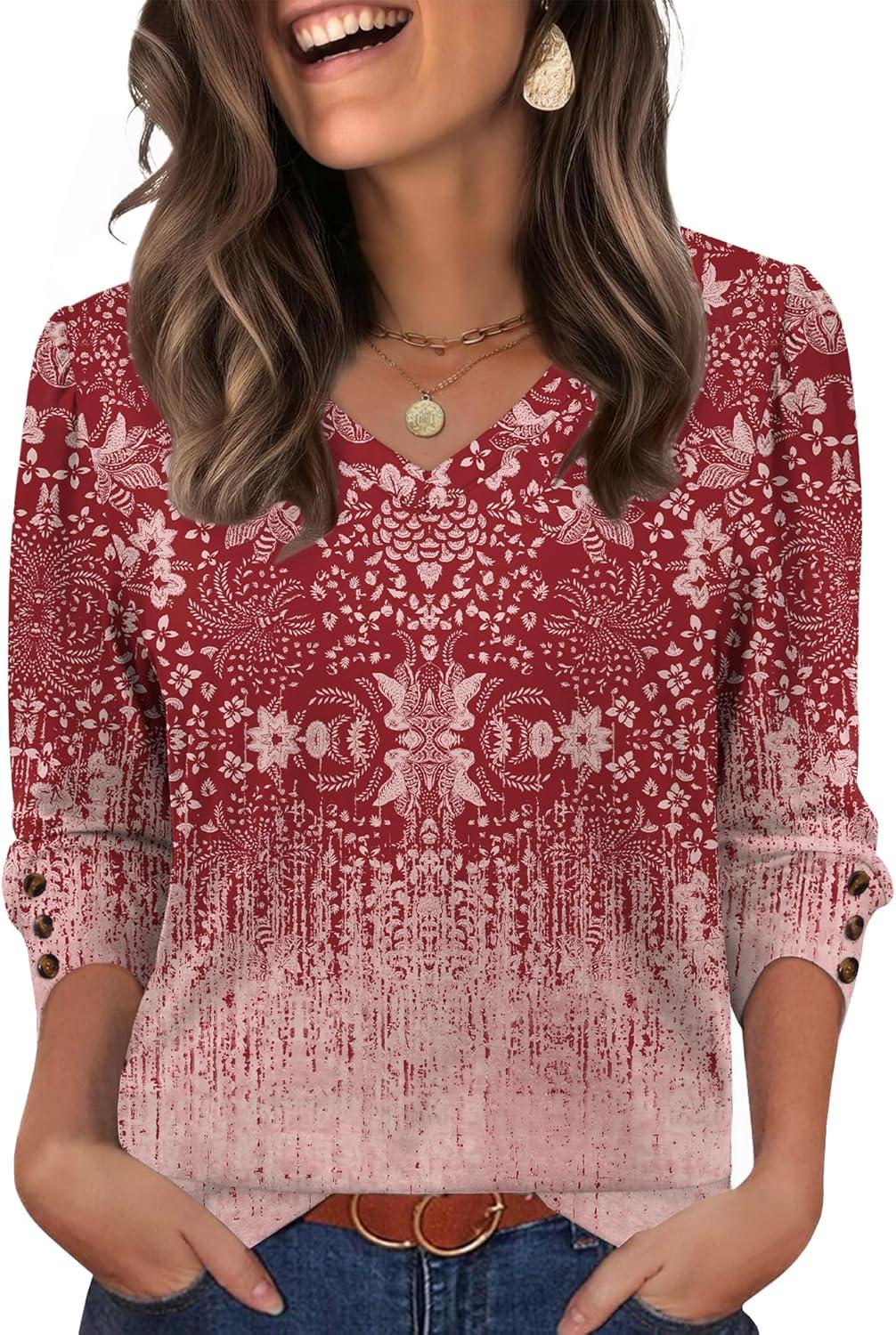 imageXIEERDUO Womens 34 Sleeve Tops with Buttons VNeck Summer Outfits Casual Blouses Shirts Beach Vacation Fall Clothes 2025Fblush Gradient