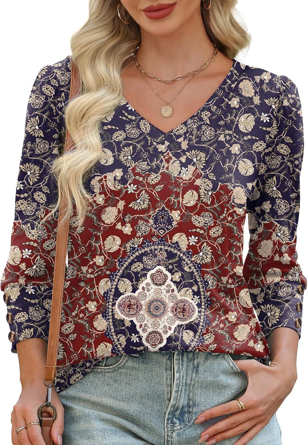 imageXIEERDUO Womens 34 Sleeve Tops with Buttons VNeck Summer Outfits Casual Blouses Shirts Beach Vacation Fall Clothes 2025Fboho Medallion