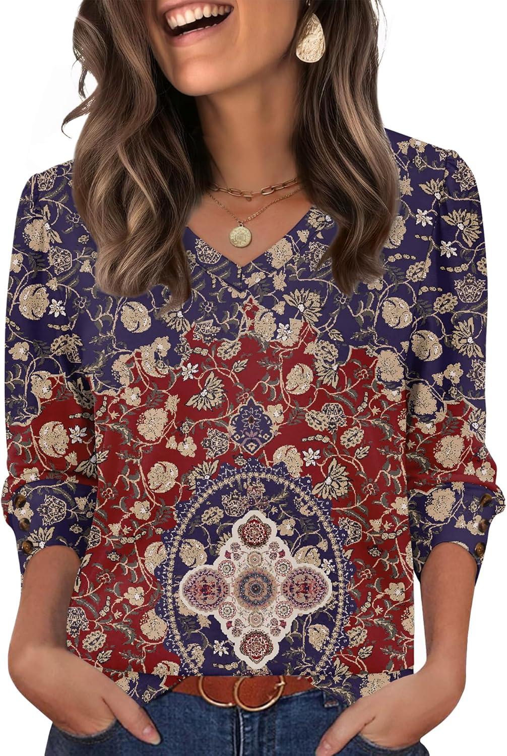 imageXIEERDUO Womens 34 Sleeve Tops with Buttons VNeck Summer Outfits Casual Blouses Shirts Beach Vacation Fall Clothes 2025Fboho Medallion