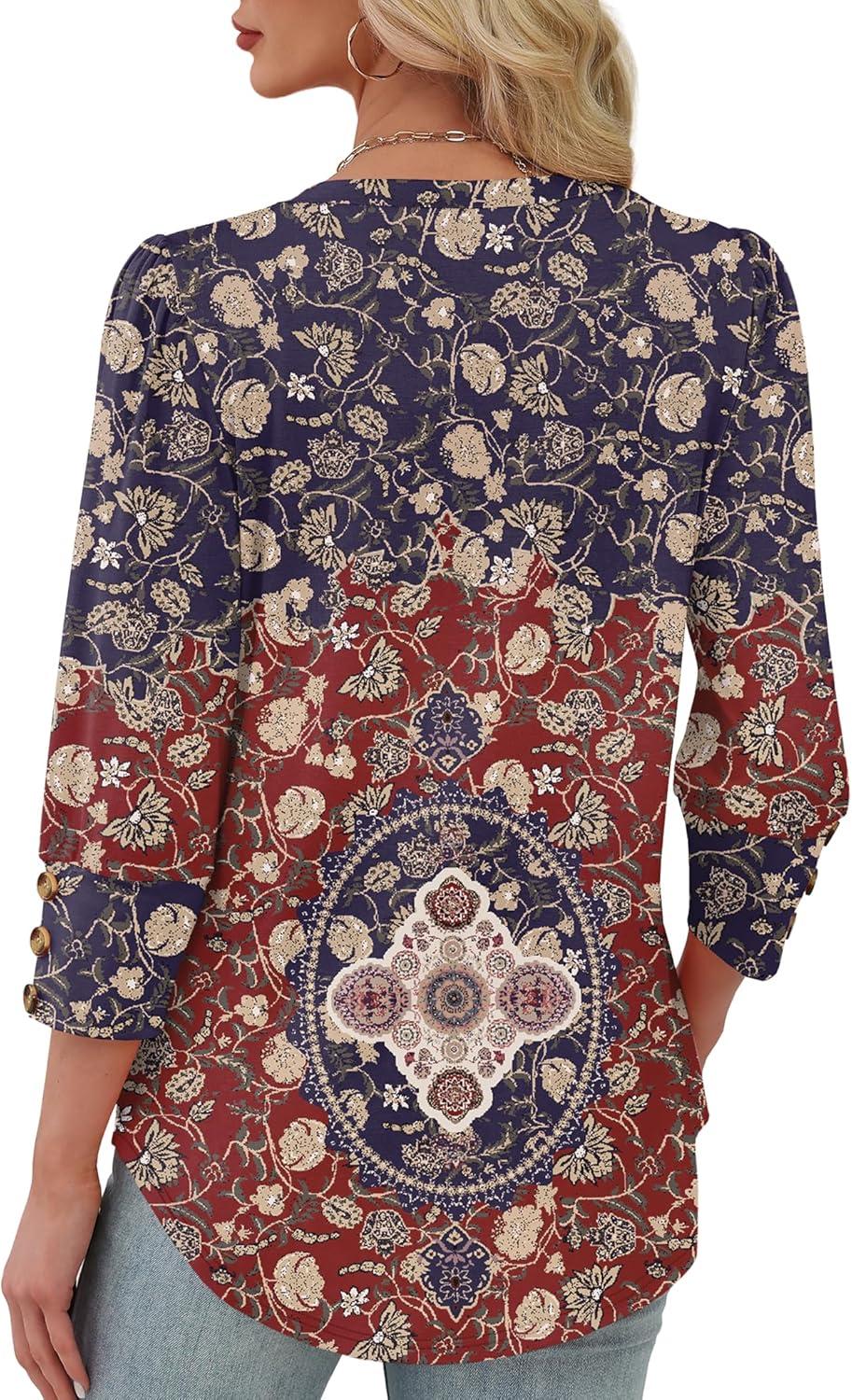 imageXIEERDUO Womens 34 Sleeve Tops with Buttons VNeck Summer Outfits Casual Blouses Shirts Beach Vacation Fall Clothes 2025Fboho Medallion