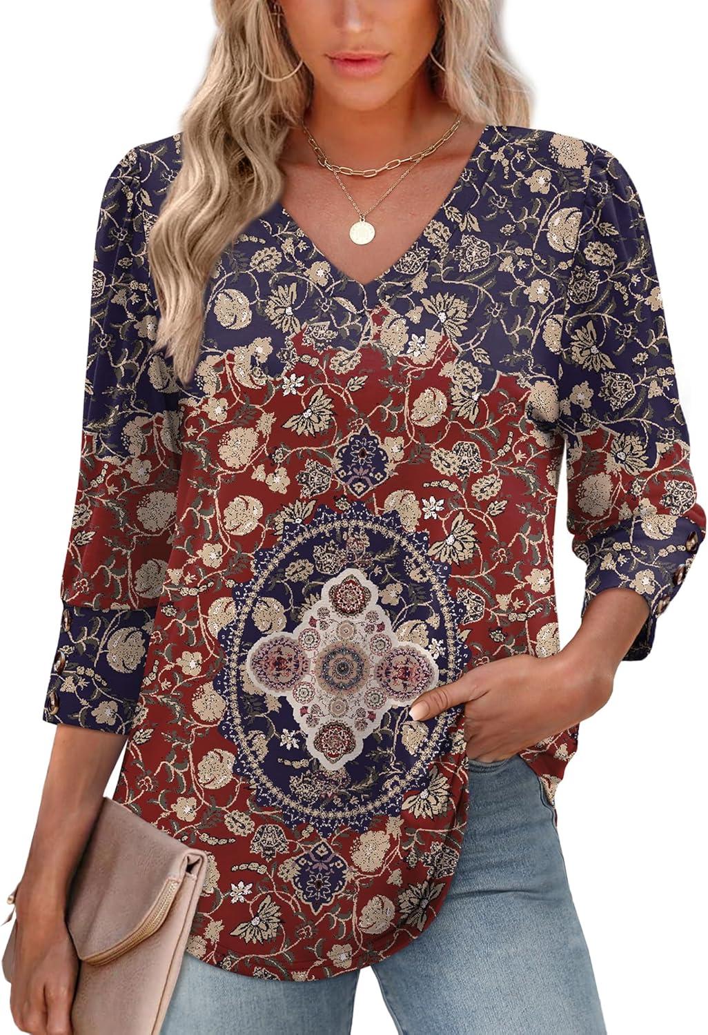 imageXIEERDUO Womens 34 Sleeve Tops with Buttons VNeck Summer Outfits Casual Blouses Shirts Beach Vacation Fall Clothes 2025Fboho Medallion