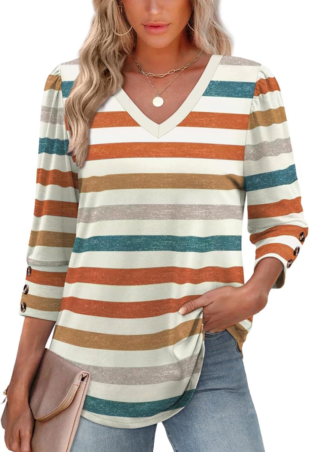imageXIEERDUO Womens 34 Sleeve Tops with Buttons VNeck Summer Outfits Casual Blouses Shirts Beach Vacation Fall Clothes 2025Fcolorful Stripes